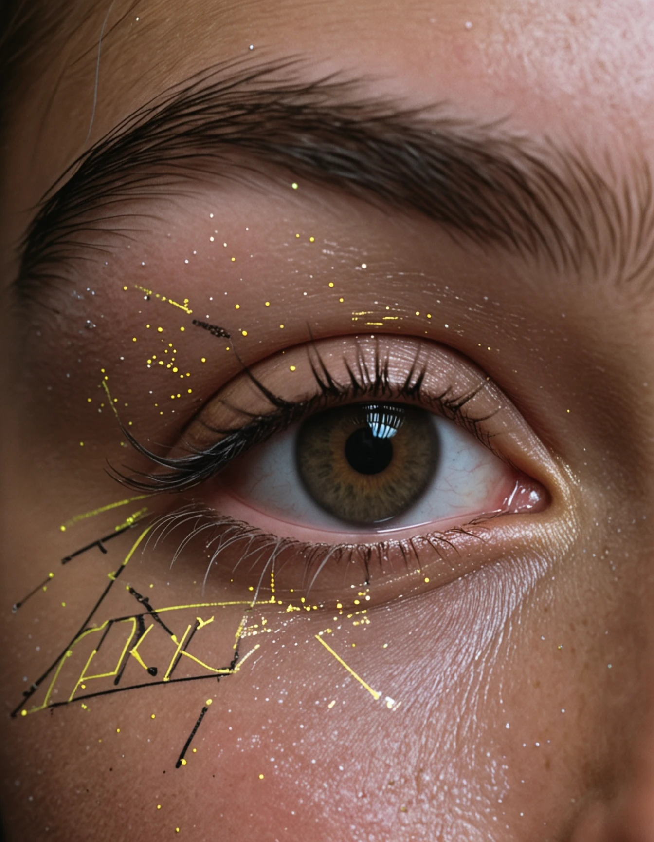 A close-up of a girl's face, with DayGlo black gold holographic equations projected Crisis Point their skin. In the background, a school blackboard filled with equations. The setting is dark, enhancing the dramatic and contemplative expression on her face.
RAW cinema, 16mm, color graded portra 400 film, remarkable color, ultra realistic, textured skin, remarkable detailed pupils, realistic dull skin noise, visible skin detail, skin fuzz, dry skin, shot with cinematic camera.