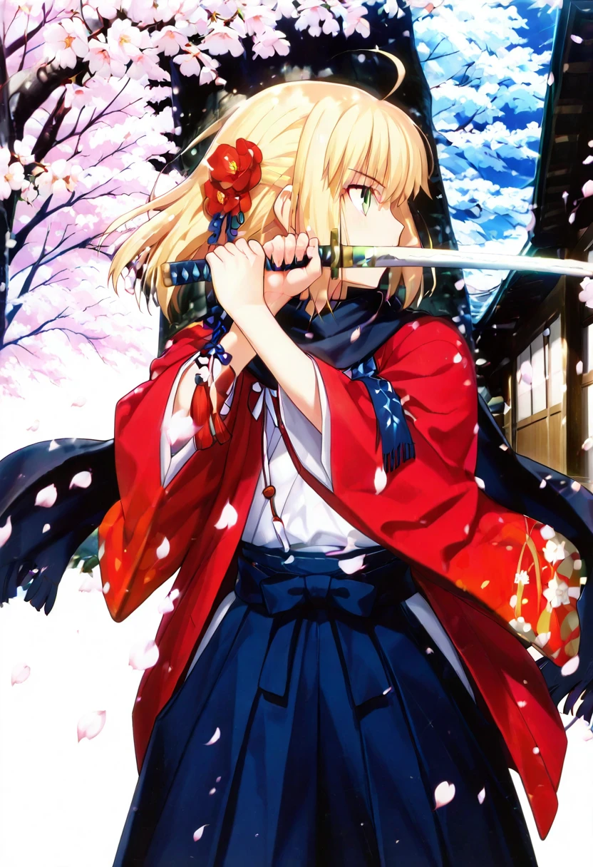 masterpiece, best quality, absurdres, detailed skin, detailed face, detailed eyes, anime colored, anime screencap, anime colored,
1 girl, <lora:Artoria_Pendragon:0.75>, artoria pendragon, 1 girl, green eyes, hair down, 
black scarf, red haori, kimono, hakama skirt, 
<lora:kasumi_no_kamae-000008:1>, ((kasumi fighting stance)), holding katana, holding, katana, two-handed, profile,
cherry blossoms,