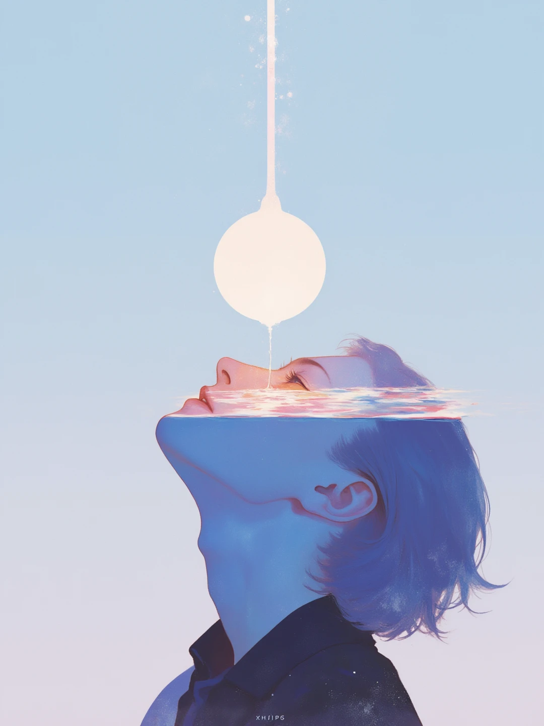 xijie-blue,closed eyes, hair_between_eyes, 1boy, male focus, blue eyes, solo, parted lips, bangs, jacket, water, head tilt, upper body, original, medium hair, short hair, portrait, hair behind ear, eyebrow through hair, sfw, blue hair, short sleeves, looking up, half-closed eyes,xijie-blue
