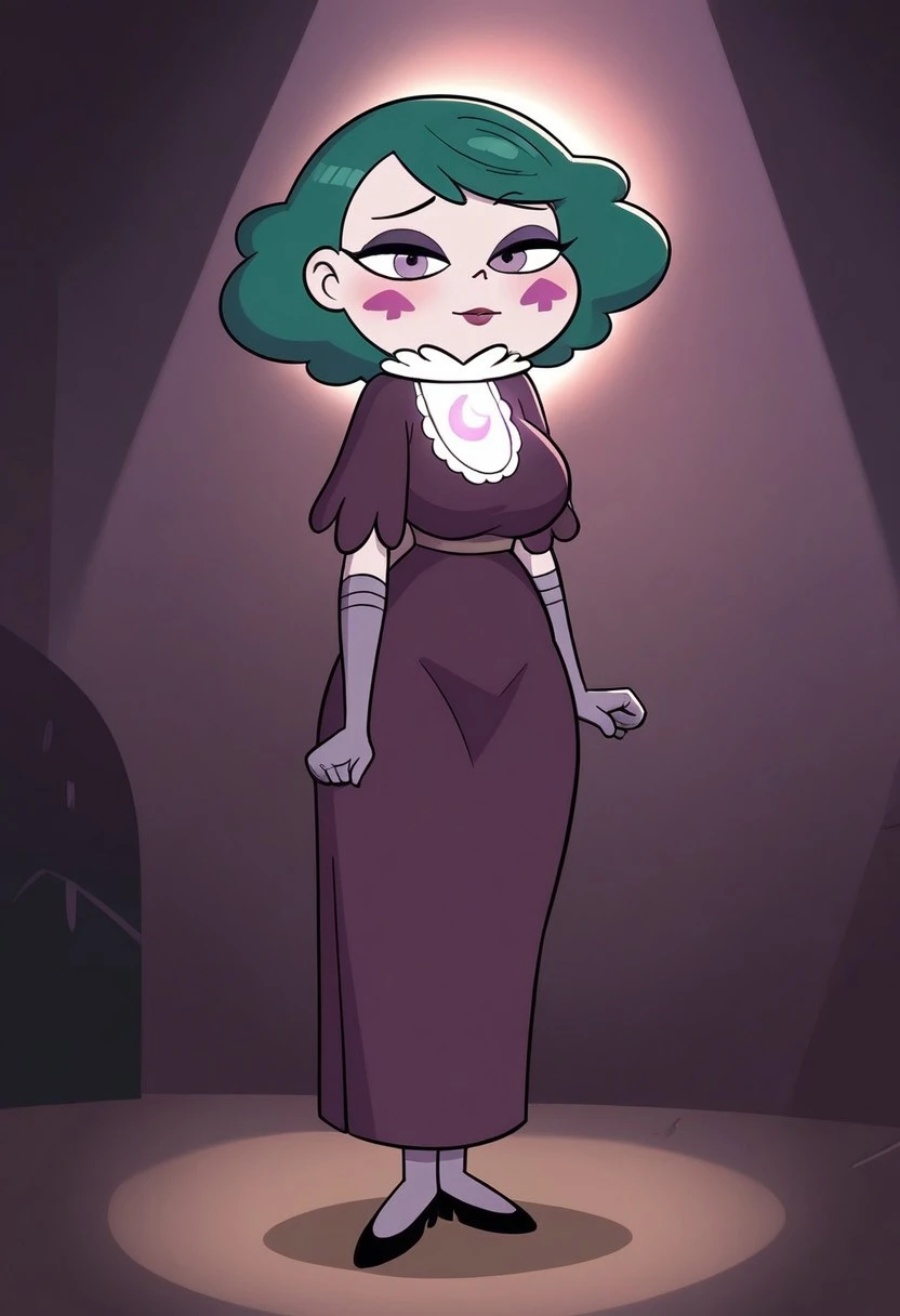 masterpiece:1.5), (best quality:1.5), (amazing quality:1.4), (soft lighting:1.3), (detailed shading:1.3), (bold outlines:1.3), (warm glow:1.3), atmospheric lighting, 1girl, solo, Eclipsa, green hair, short hair, purple eyes, makeup, purple eye shadow, gloves, dark purple dress, lipstick, face markings, facing viewer, breasts, thick, full body,