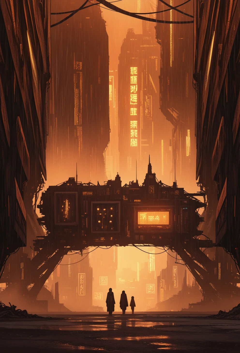 <lora:ck-Sommo-Concept-Art-IL-000012:1>, masterpiece, best quality, good quality, very aesthetic, absurdres, newest, 8K, depth of field, focused subject, a dystopian cityscape under a heavy rainstorm. The scene is dominated by a massive, rusted, and decaying scifi structure, in shades of red and dark, with a texture that suggests years of neglect. This structure appears to be a towering, vertical building with numerous windows and vents, some of which are cracked or missing. In the background, the cityscape features a mix of futuristic and industrial architecture, including towering strange skyscrapers and large, cylindrical structures, all covered in a thick layer of rain. The buildings are predominantly dark gray and black, with a few spots of light, possibly from streetlights or neon signs, adding contrast. The raindrops are depicted as tiny specks, creating a sense of heaviness and gloom. In the background, a silhouettes is partially visible, obscured by the rain,lurking, which hints at a dark fantasy or sci-fi element. The overall mood is bleak and desolate, with a focus on the harsh, gritty textures and the overwhelming presence of the rain.reflections,best quality,masterpiece,detailed,rich neon colors,glow,shimmer,cables,wires,color contrast,award-winning,disturbing,hard science fiction,lost technology, melancholy,sepia,fog,
in the style of ckjs