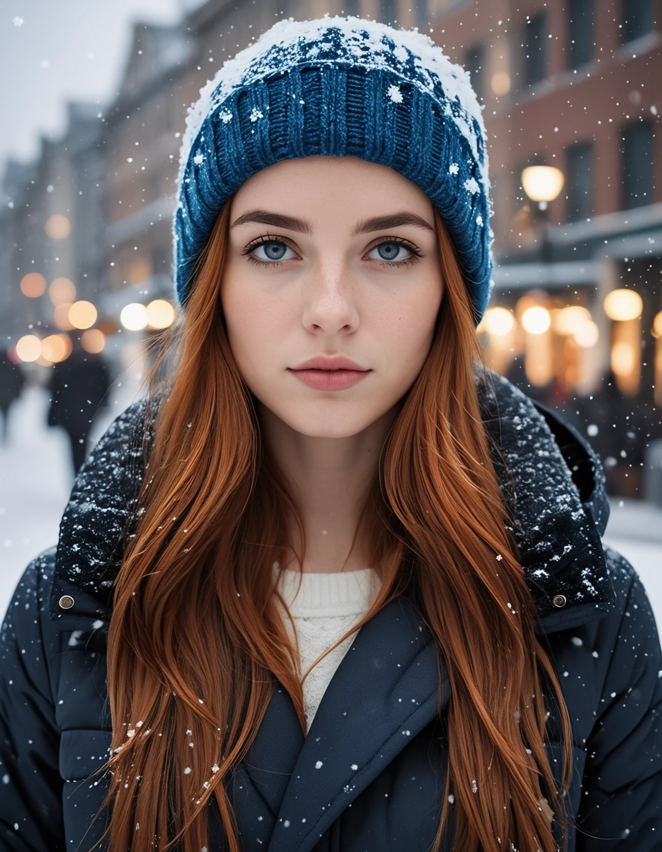 Create an extremely detailed photograph of a young woman standing in a winter cityscape. She has striking red hair that cascades down her shoulders, contrasting beautifully with the soft, snowy background. Her blue eyes are vivid and expressive, capturing a sense of hopelessness that adds depth to the image.
The photograph should be taken with a Canon RF camera at a high shutter speed to freeze the moment, ensuring clarity in the details of her face, skin texture, and hair. The aperture should be set to F/8 to achieve a balanced depth of field, keeping both the subject and the winter scenery in sharp focus.
The winter cityscape should feature softly falling snowflakes, with blurred outlines of buildings and trees in the background, creating a serene yet melancholic atmosphere. The lighting should be soft and diffused, enhancing the woman's features and the overall mood of the photograph.
The composition should be a wide shot, allowing the viewer to appreciate both the subject and the expansive winter landscape around her. The photograph should evoke emotions and tell a story, reminiscent of the style of photographer Thomas Saliot.