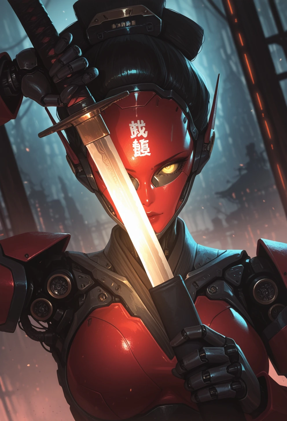 <lora:ck-Sommo-Concept-Art-IL-000012:1>, masterpiece, best quality, good quality, very aesthetic, absurdres, newest, 8K, depth of field, focused subject, portrait, dynamic angle, action shot, 1girl, woman Geisha is an android, looking at viewer, fierce look, the plastic cyborg mask is open, the mechanical parts of the robot are visible inside, the android is very sinister and dangerous, cross_draw, katana, sword_draw, iaido, one_hand_on_sheath, unsheathing, from the epic movie Ghost in Armor, spaceship in background
in the style of ckjs
<lora:MoriiMee_Gothic_Niji_Style_Illustrious_r1:0.5>
