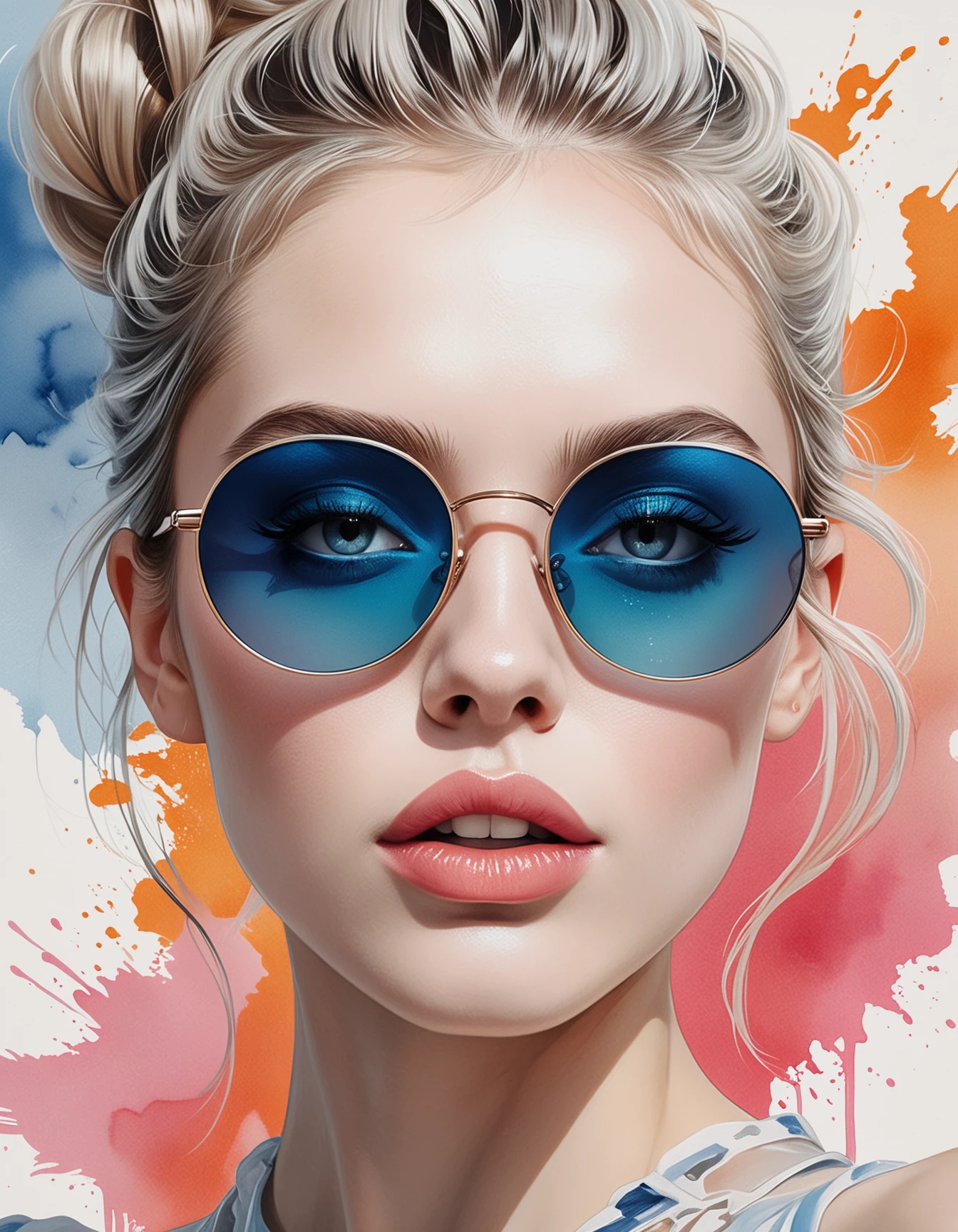 Create a highly detailed digital illustration in a surreal, hyper-realistic style, focusing on a close-up of a young woman's face. She has a pale, almost translucent skin tone and striking blue eyes that convey deep emotion. Her full lips are slightly parted, revealing sharp teeth, enhancing her ethereal appearance. Her hair is styled in a loose white updo, adorned with small abstract elements that add a whimsical touch. The makeup is bold, featuring vivid pink eyeshadow and a glossy, almost orange lip hue, creating a captivating contrast. The sunglasses she wears reflect light in an off-white color, drawing attention to her expressive features. Incorporate a watercolor style (Watercolor style:1.2) to add softness and fluidity to the image. The composition should include elements of double exposure, blending fantasy and realism seamlessly. Ensure meticulous attention to detail in textures and lighting, creating a dynamic and visually striking piece that evokes a surreal dream-like quality. The overall atmosphere should be enchanting, inviting viewers into a bo-abyss of creativity and imagination.