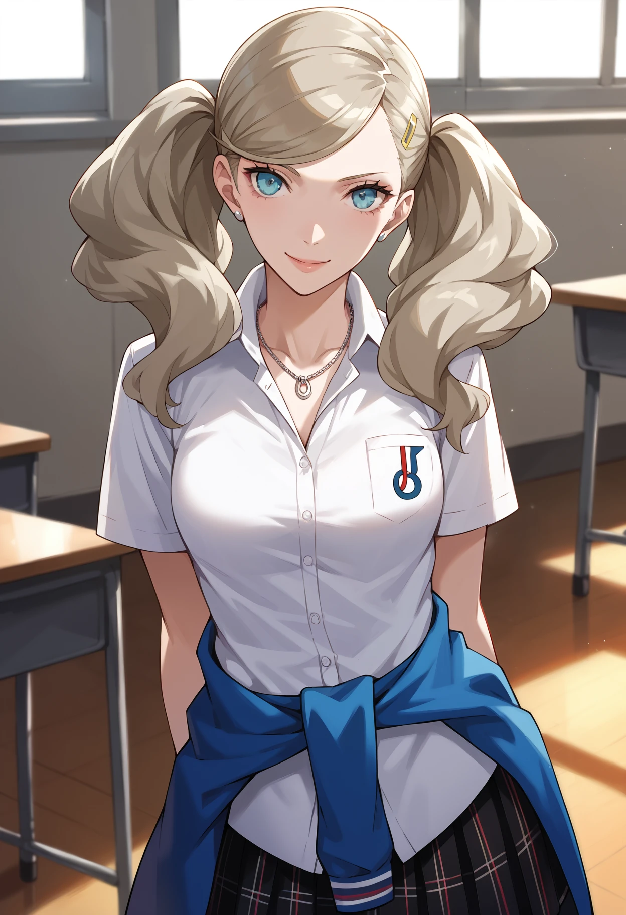 score_9, score_8_up, score_7_up, score_6_up, score_5_up, score_4_up, source_anime
1 girl, solo,
p5ann, takamaki anne, blonde hair, long hair, twintails, swept bangs, hair clip,
p5ann-sumuni, necklace, polo shirt, white polo shirt, short sleeves, sweater around waist, blue sweater, pleated skirt, plaid skirt, black socks, shujin academy school uniform,
classroom, standing, smile, looking at viewer, hands behind back,
masterpiece, best quality, ultra detailed,