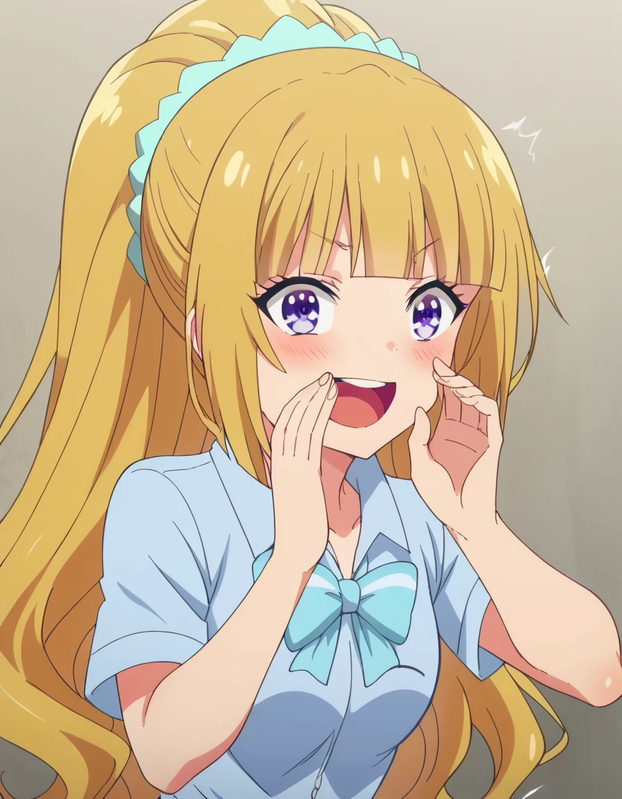 score_9, score_8_up, score_7_up, source_anime, <lora:kei-karuizawa-anime-s2-ponyxl-lora-nochekaiser:1>, kei karuizawa, long hair, bangs, blunt bangs, purple eyes, blonde hair, hair ornament, ponytail, scrunchie, blue scrunchie, medium breasts, anime screencap, <lora:shouting-hand-to-own-mouth-ponyxl-lora-nochekaiser:1>, shouting hand to own mouth, shouting, hand to own mouth, looking at viewer, smile, open mouth, blush,, ,