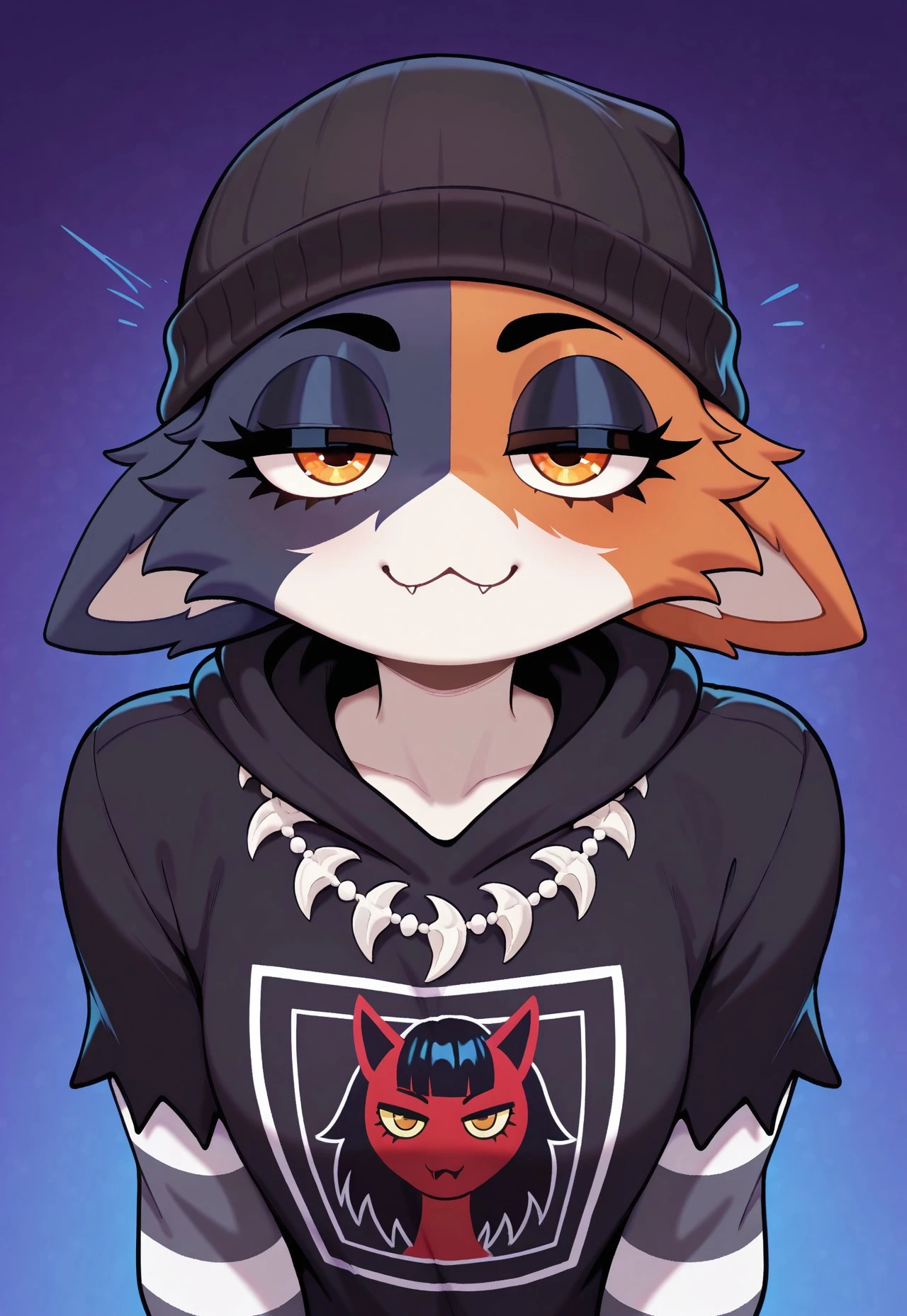 masterpiece, best quality, looking at viewer, 1girl, furry female, meowskullsxl, cat girl, multicolored fur, orange fur, black fur, striped sleeves, orange eyes, lidded eyes, printed hoodie, beanie, fishbone jewelry