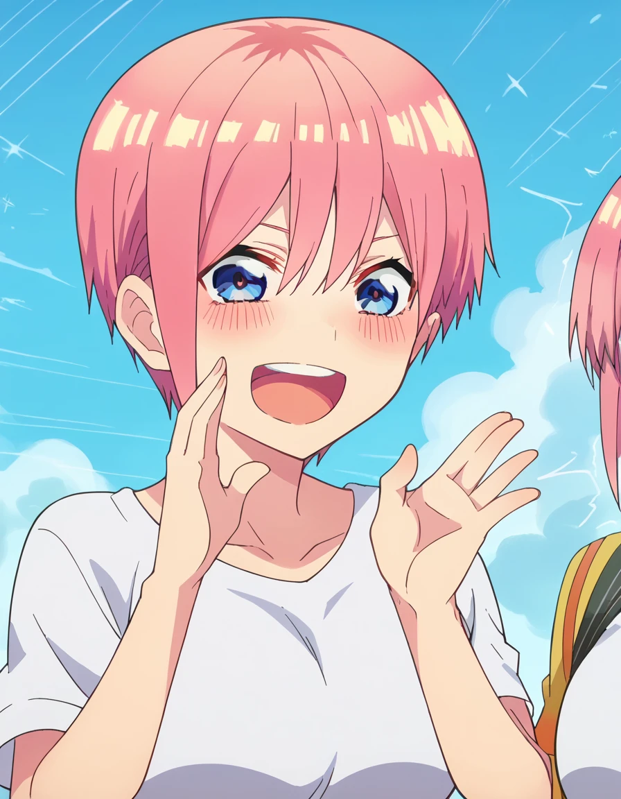 score_9, score_8_up, score_7_up, source_anime, <lora:ichika-nakano-s2-ponyxl-lora-nochekaiser:1>, ichika nakano, short hair, bangs, blue eyes, hair between eyes, pink hair, pixie cut, large breasts, anime screencap, <lora:shouting-hand-to-own-mouth-ponyxl-lora-nochekaiser:1>, shouting hand to own mouth, shouting, hand to own mouth, looking at viewer, smile, open mouth, blush,, ,