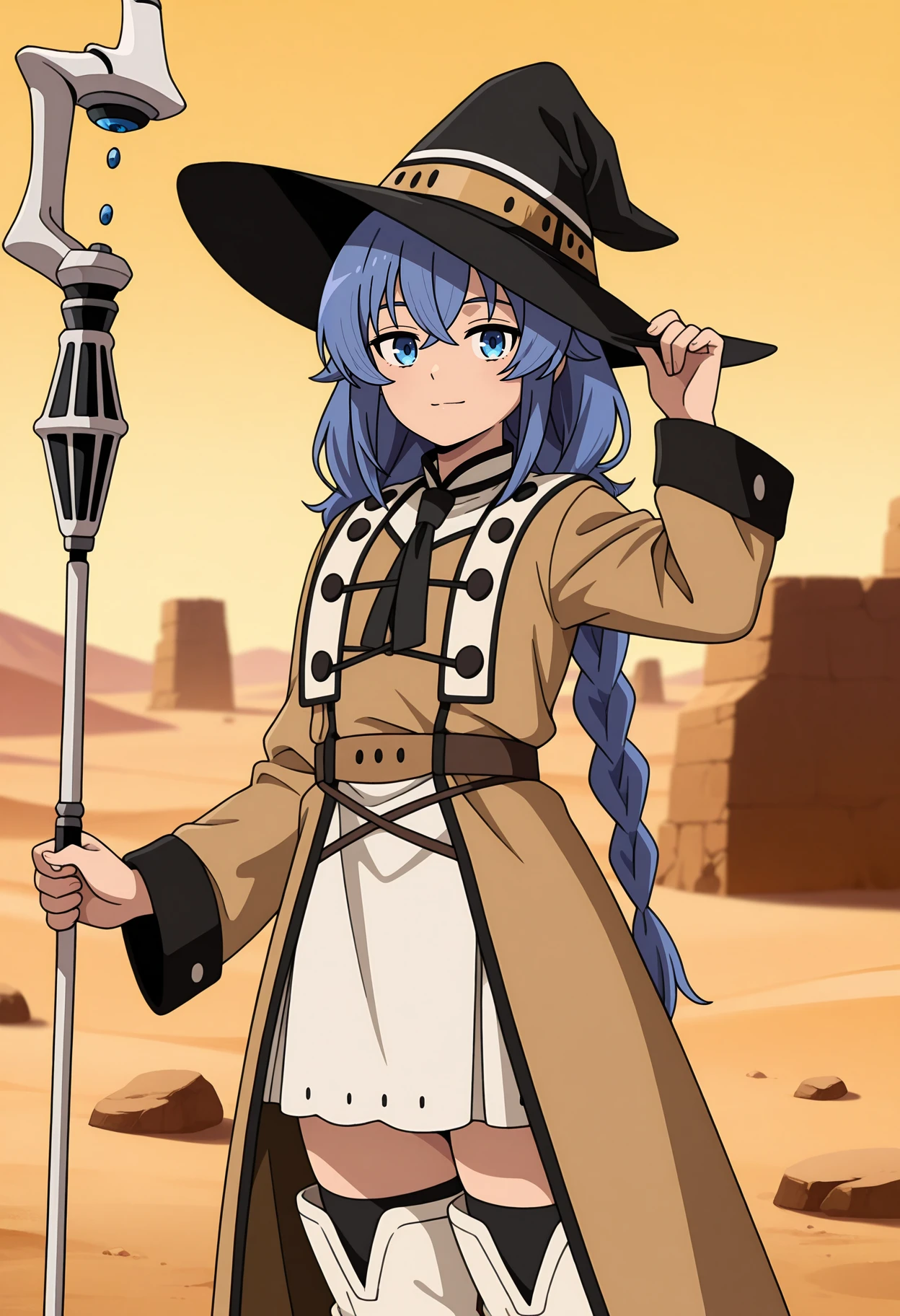 anime screencap, masterpiece, best quality,
<lora:MushokuTensei_RoxyMigurdia_IlluXL:0.9>,
1girl, solo, closed mouth, light smile, adjusting headwear,
long hair, crossed bangs, twin braids, blue hair, long hair, blue eyes,
RoxyRobe, black witch hat, brown robe, black necktie, buttons, long sleeves, white skirt, thigh boots, white boots,
holding staff,
standing, looking at viewer, cowboy shot,
outdoors, desert, stone, blurry background, day, yellow sky