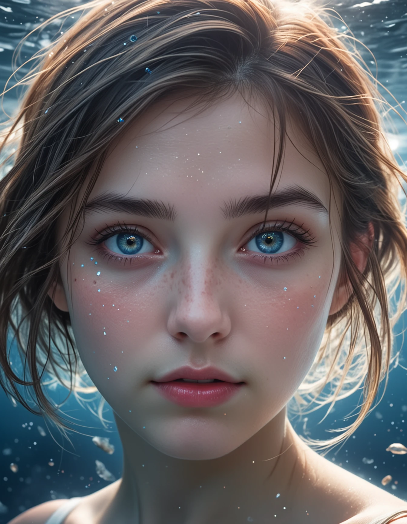 Masterpiece, best quality, highresolution, very aesthetic, realistic style, very detailed eyes, starry_morph, Close-Up Shot, from below, background, white grey themed, Crepuscular rays, Caustic refelection, girls face in star dust, blue/red submarine made from crystal, under water,