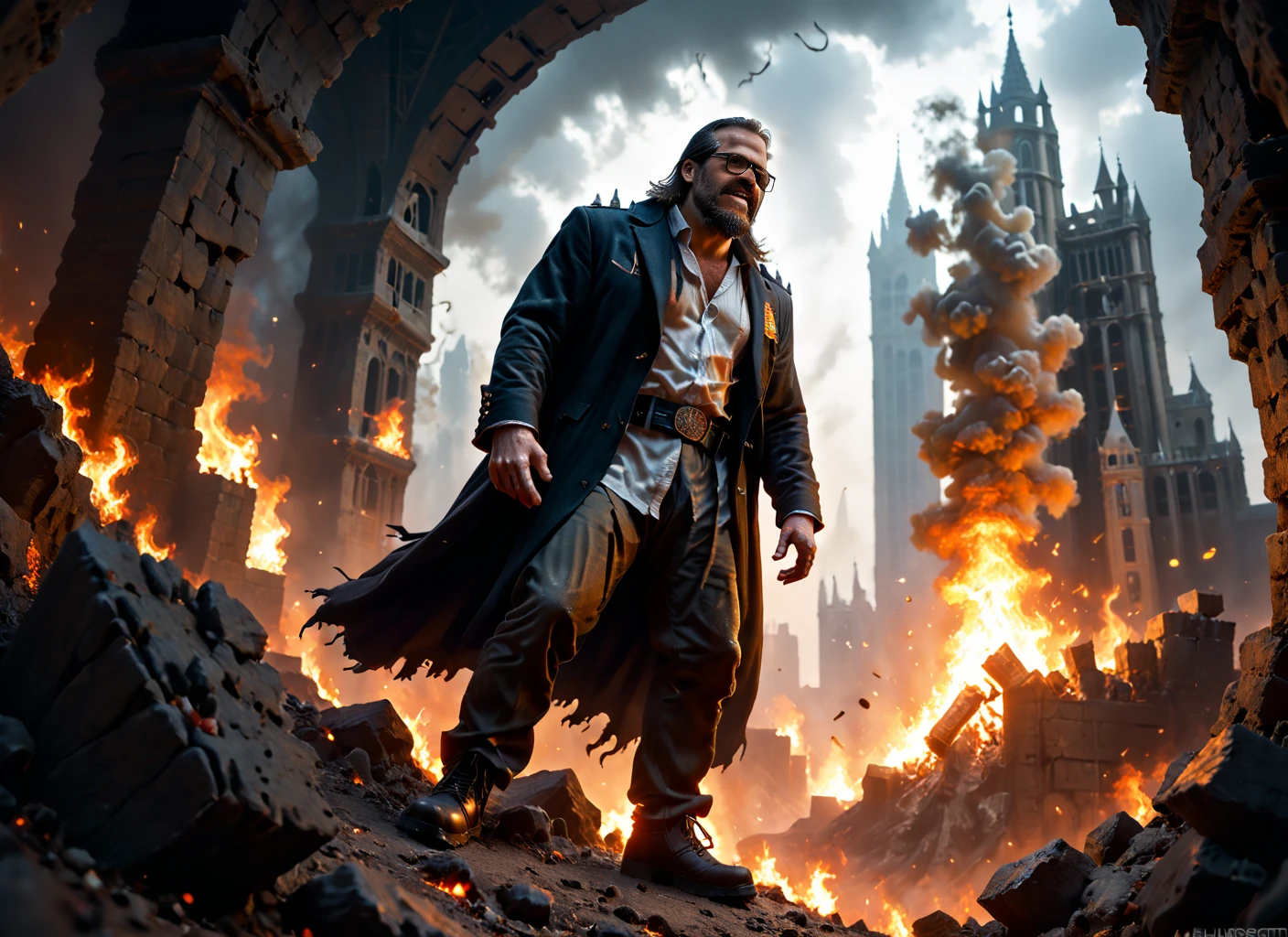 realistic, solo, dark fantasy art, apocalyptic, exaggerated facial expressions and body language, view from the side, in the style of Constantine and the Matrix, action oriented composition, dynamic action pose, extreme angle perspective, Dutch angle, view askew, angled side profile, depth of field, three dimensional wireframe composition, downblouse view, view from above, epic scale, wide angle lens, Lucifer as Prog420ress, jacket, full body, black-framed eyewear, beard, hell, fire, portrait, formal, boots, facial hair, teeth, blood, holding a Billao <lora:Prog420_Avatar_Pony:0.7> <lora:Prog420_Red_Everliving_Pony:0.7> <lora:Explosion Artstyle - Trigger is Explosion Artstyle_121694:0.2> Explosion Artstyle