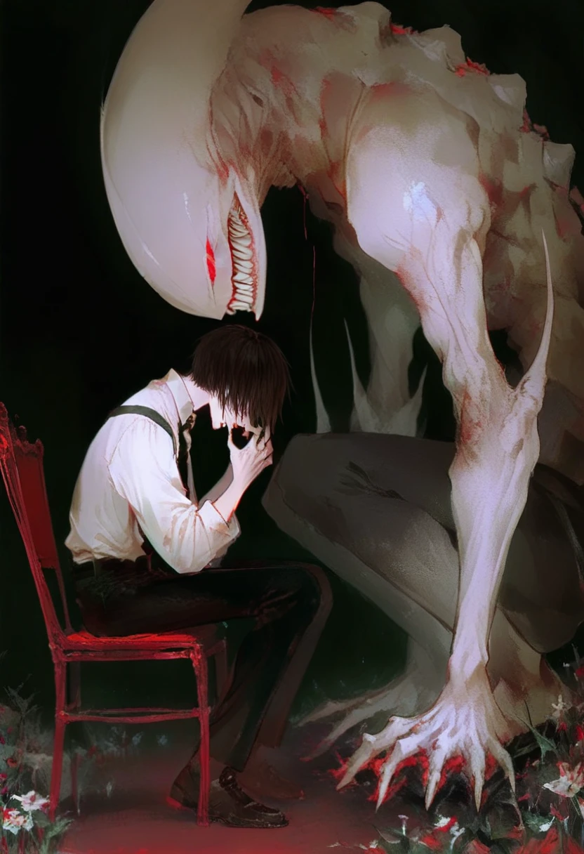 sitting, black pants, shirt, pants, teeth, white shirt, chair, 1boy, short hair, blood, red eyes, sharp teeth, black necktie, monster, male focus, flower, glowing, necktie, black hair, dark background, collared shirt, black background, from side <lora:748cmXL_il_lokr_V6311P:0.95>