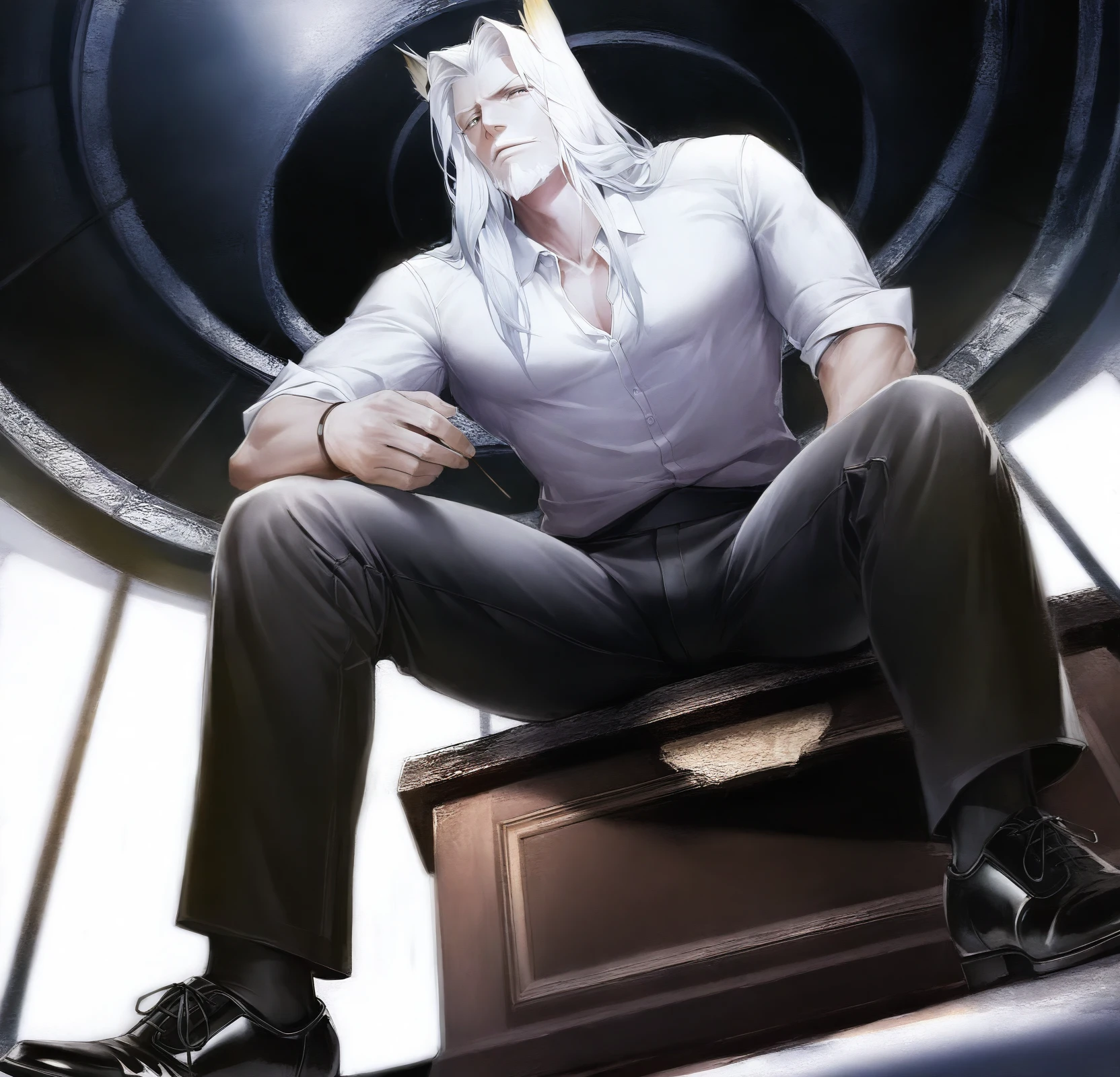 realistic shading,dark environment,dim lighting,expressive face,looking at viewer,1boy,male focus,black pants,mature male,long hair,beard,shirt,white hair,animal ears,white hair,pantyhose,<lora:HLGIIL3>,black footwear,white shirt,old,old man,manly,dynamic angle,masterpiece,best quality,naughty face,closed mouth,serious,shiny skin,wet,leaning against ice-wall,sitting,legs apart,imposing,dark ice-palace interior,from below,dutch angle,dynamic angle,fidgetting,intricately detailed illustration,masterpiece,best quality,amazing quality,very aesthetic,absurdres,newest,, score _9,score_8_up, score_7_up,source_anime,rating_explicit,