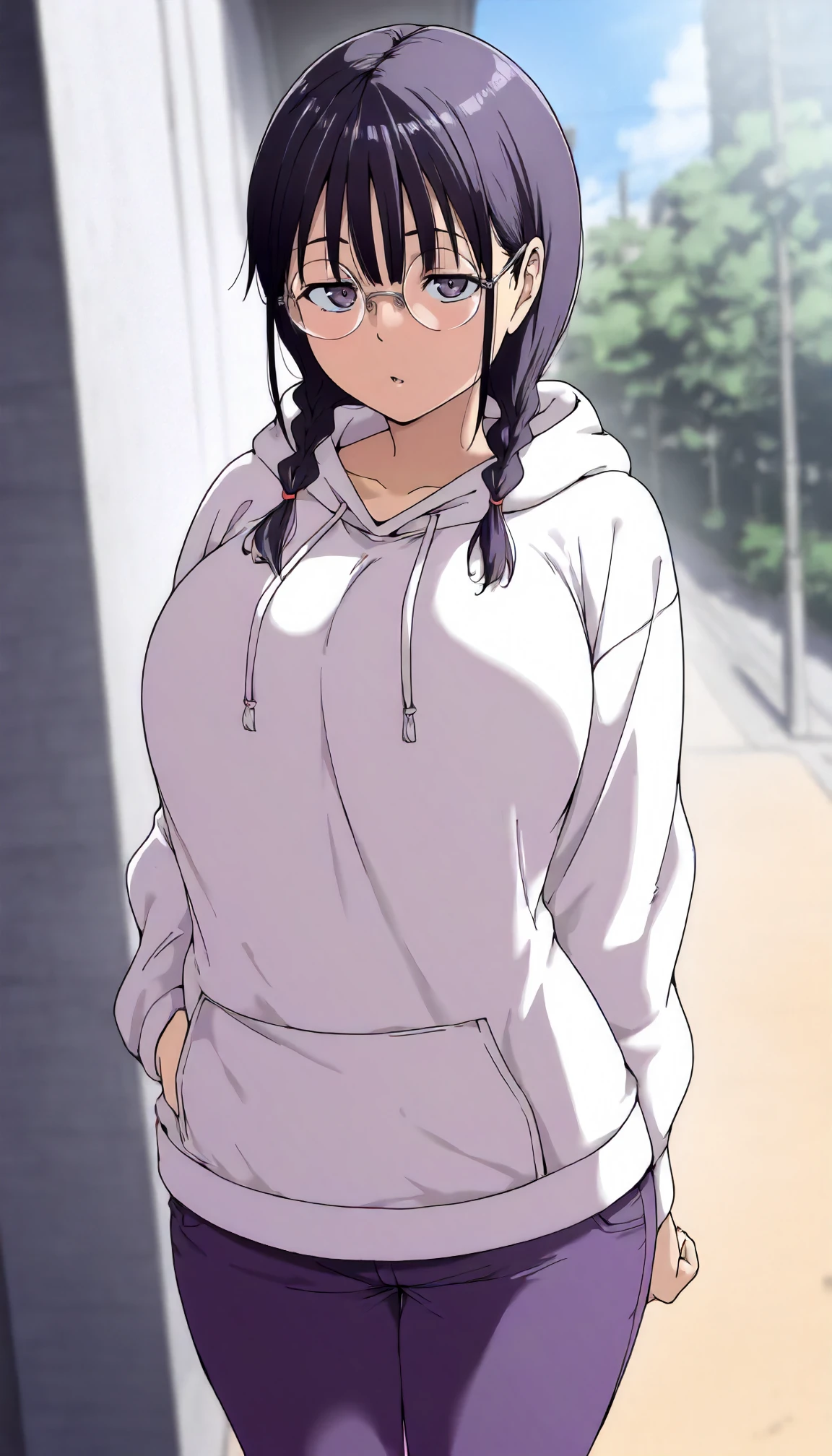 <lora:OTtnSwSnKI_miyoshiXLIllustrious001>,
masterpiece,best quality,good quality,newest,
outdoors,
parted lips,
looking at viewer,
solo,
anime coloring,
miyoshi\(otaku_tomodachi_to_no_sex_wa_saikou_ni_kimochi_Ii\),1girl,purple black hair,twin braids,purple black eyes,round eyewear,
large breasts,
white hoodie,
pants,