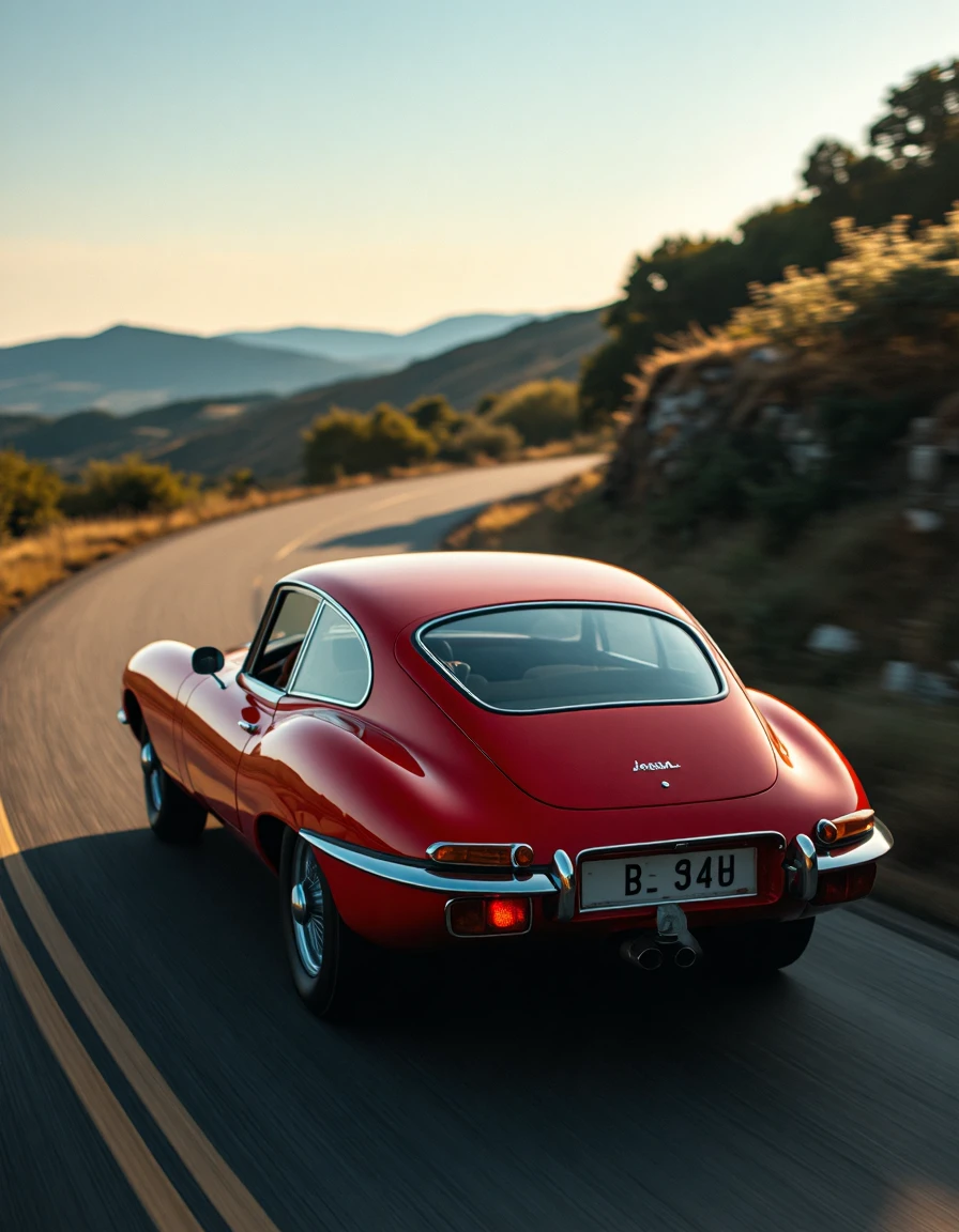 An e-type jaguar, painted a vibrant Titian red, hurtles down a winding road. The car's lines are sharp and aerodynamic, with exaggerated curves that accentuate its speed. The motion blur is pronounced, capturing the blur of the wheels and the streaking taillights. The background is a blurred landscape of rolling hills and a clear blue sky. The sun glints off the polished paintwork, creating a shimmering effect. The car's headlights pierce the twilight, illuminating the path ahead.