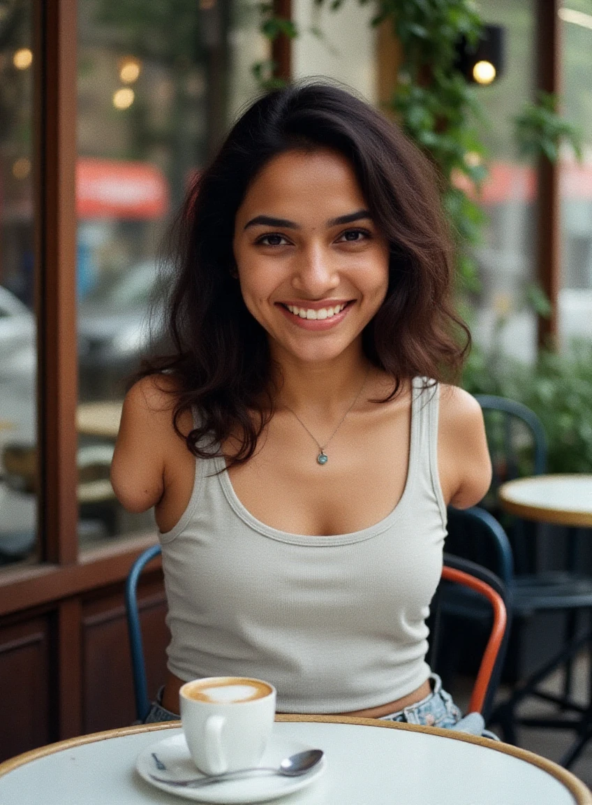 A 35mm film art photo captures a cute young indian woman at a cafe al fresco.
She is an armless amputee.
She is wearing a casual tank top and smiling at the camera.
A cut of coffee sits onthe table in front of her.
She sits in front of the establishment's large windows on the street in london.