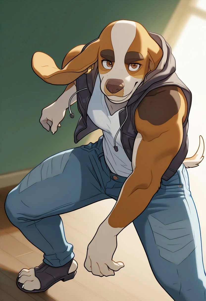 <lora:PhanPhanV1:1>, PhanPhan_(anhes), beagle, furry, male focus, brown fur, brown eyes, earrings, muscular, athletic build, large pectorals, 1boy, solo, perfect anatomy, BREAK masterpiece, masterwork, hyper-detailed, HD, detailed eyes, highres, beautiful, amazing quality, best quality, very aesthetic, cinematic lighting, detailed background, white shirt, sleeveless jacket, hood, denim, jeans, toeless shoes, feet out of frame, dynamic angle, pose, posing, smile