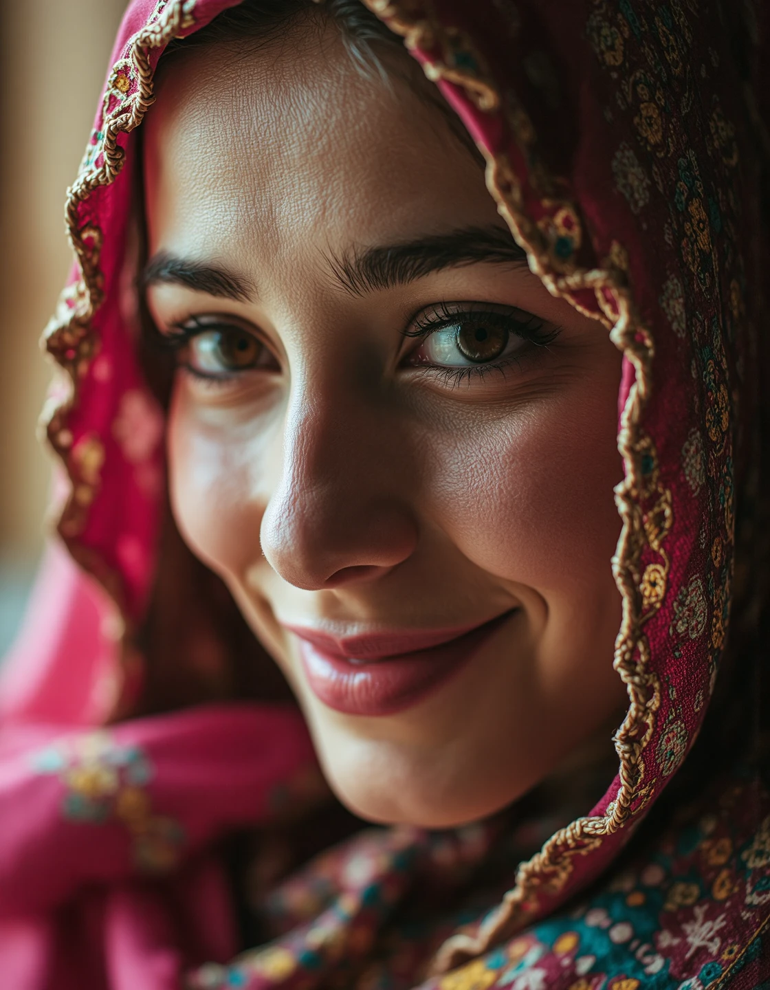 A macro image of a veiled Moroccan shy woman smiling, revealing the fine details and matte textures, wide range of colors, high Dynamic,
cinematic light, dramatic light, shallow depth of field, high budget, bokeh, cinemascope, film grain, grainy,