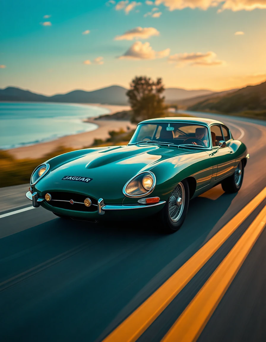 An e-type jaguar, painted a british racing green, hurtles down a winding road by a beach. The car's lines are sharp and aerodynamic, with exaggerated curves that accentuate its speed. The motion blur is pronounced, capturing the blur of the wheels. The background is a blurred landscape of rolling hills and a clear blue sky. The sun glints off the polished paintwork, creating a shimmering effect. The car's headlights pierce the twilight, illuminating the path ahead.