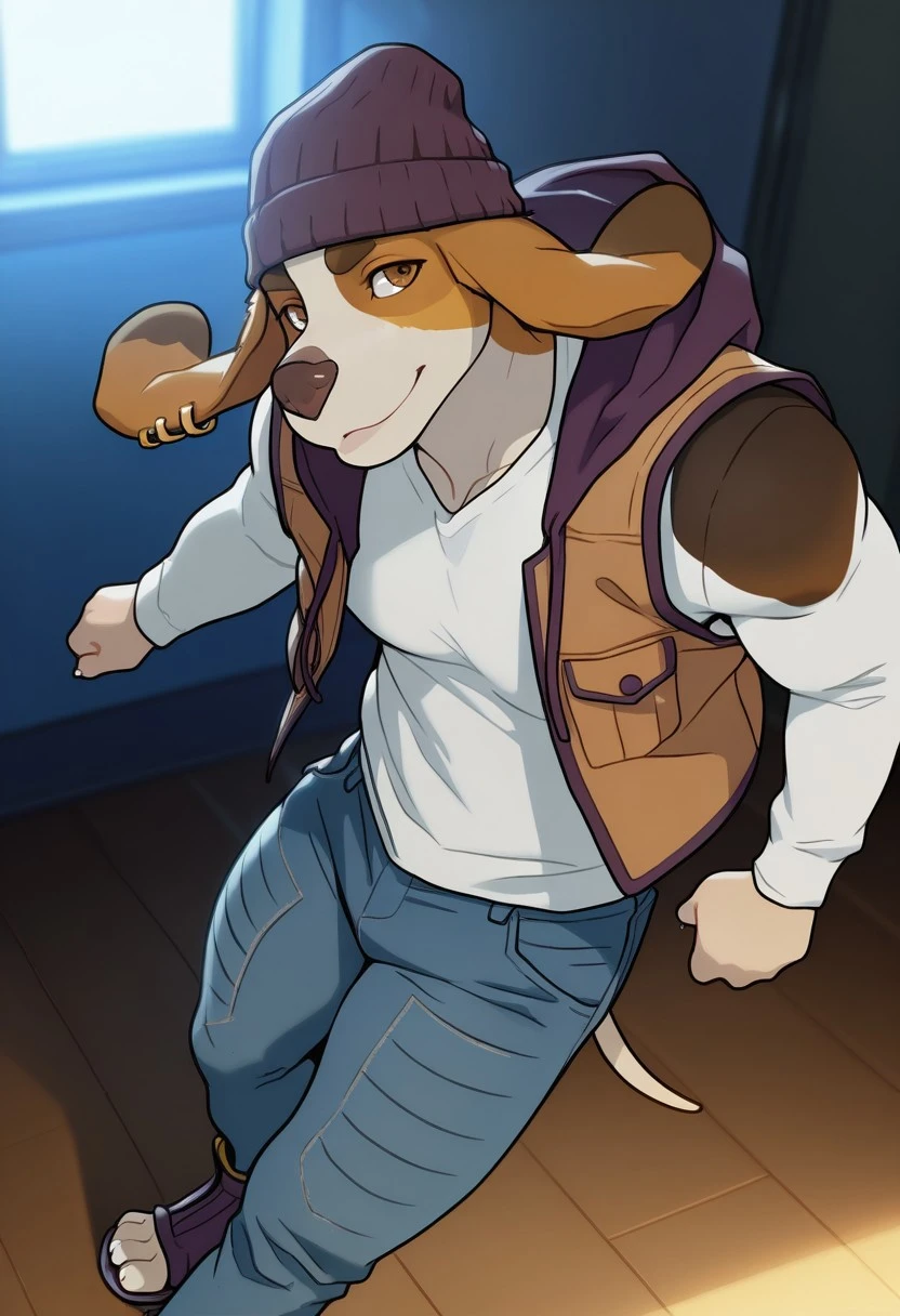 <lora:PhanPhanV1:1>, PhanPhan_(anhes), beagle, furry, male focus, brown fur, brown eyes, earrings, muscular, athletic build, large pectorals, 1boy, solo, perfect anatomy, BREAK masterpiece, masterwork, hyper-detailed, HD, detailed eyes, highres, beautiful, amazing quality, best quality, very aesthetic, cinematic lighting, detailed background, long sleeve white shirt, sleeveless jacket, hood, denim, jeans, toeless shoes, feet out of frame, dynamic angle, pose, posing, smile, beanie