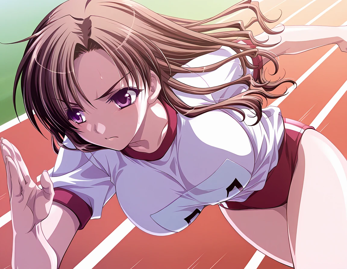 masterpiece, best quality, amazing quality, official art, ultra highres, very aesthetic, 
1girl, solo, shizutani_shion, long hair, brown hair, purple eyes, 
gym uniform, red buruma BREAK
serious, running, 
running track, motion line, speed line, dynamic angle, dynamic motion, deep shadows, sharp focus, depth of field,
<lora:shizutani shion v1.0-000011:1>