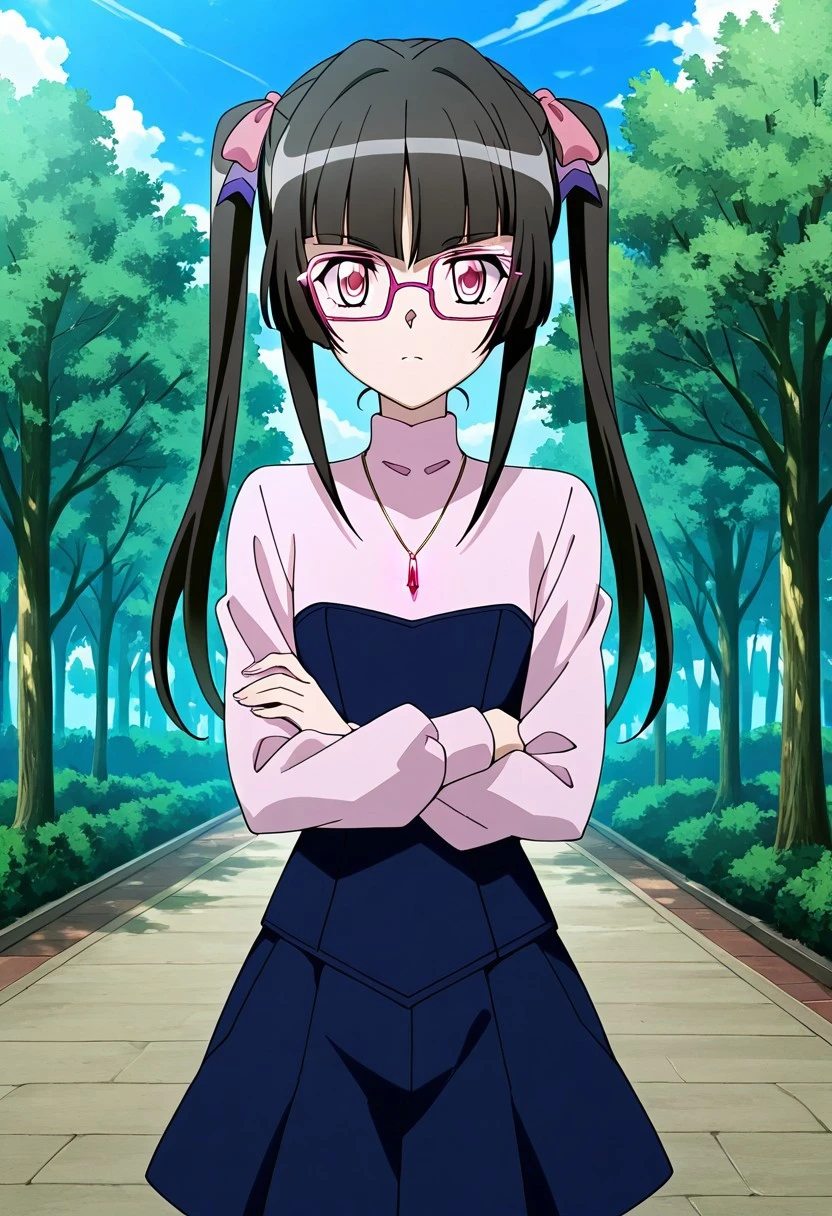 score_9, score_8_up, score_7_up, BREAK zPDXLx, mur4k4mi-ip, anime screencap, anime art style, senki zesshou symphogear, twintails, crimson eyes, pink-framed eyewear, black hair, glasses, crossed arms, long hair, twintails, jewelry, pink eyes, necklace, looking at viewer, outdoors, tree, bangs, blunt bangs, multiple girls, sky, day,solo, 1girl, shiny hair, skirt