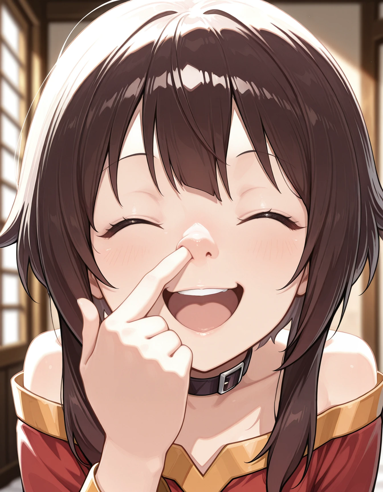 masterpiece, best quality, amazing quality, high quality, blurry background, 
1girl, solo, megumin, upper body, closed eyes, happy, open mouth, upper teeth only, 
<lora:Nos3pick:1> nos3pick, nose picking,