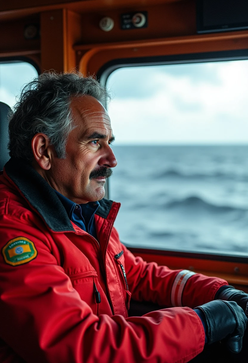 yfg-l3ms, YFG-Th3Dud3 a heroic 57-year-old coast guard officer, stubble on his strong jawline, scanning stormy seas from a shipâs deck