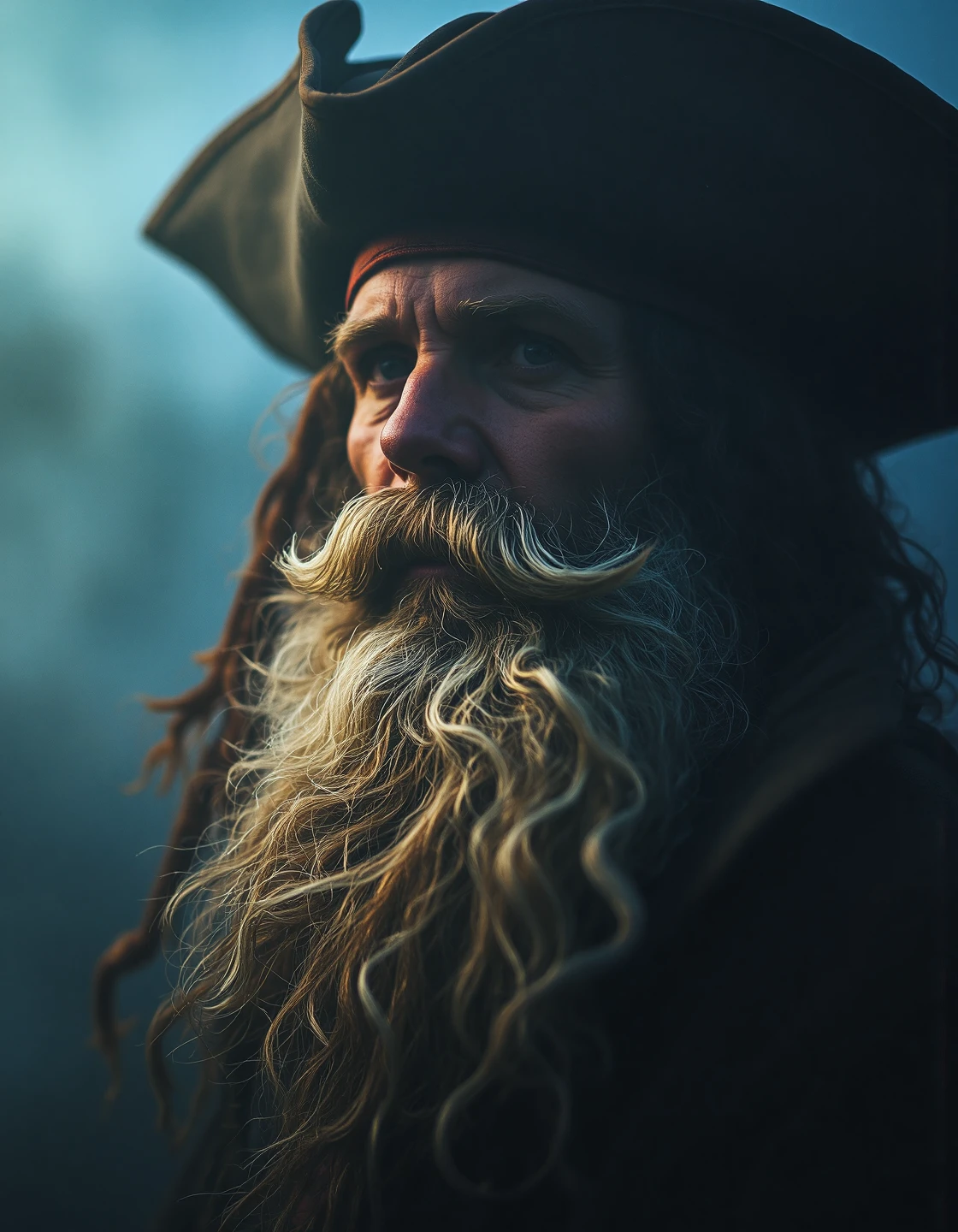 photo of old pirate man, beard, fog, dark atmosphere, night, close up, cinematic shot, hard shadows, Fujifilm XT3