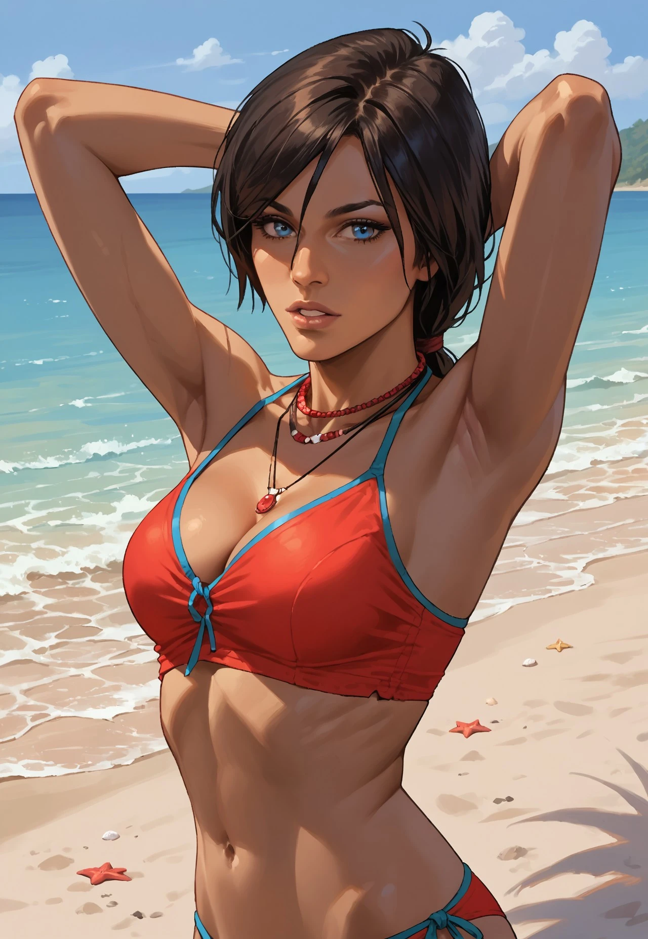 photo of mlp Meowko, RAW, beautiful woman, ((portrait)), ((detailed face:1.2)), ((anime face, anime facial feature, beautiful anime mouth, clear skin, clear skin), (short messy lesbian haircut, one shaved side, brunette: 1.55),  (perfect proportioned body, Strong, muscular, narrow waist, narrow hips, skinny, large breasts), (wearing sports bikini), lying down in the sand, (Beach sandy, sunset on the water, evening), (realistic photo, best quality, detailed), (8k wallpaper), (cinematic lighting, beautiful light, (day:1.3)) (sharp focus, intricate)