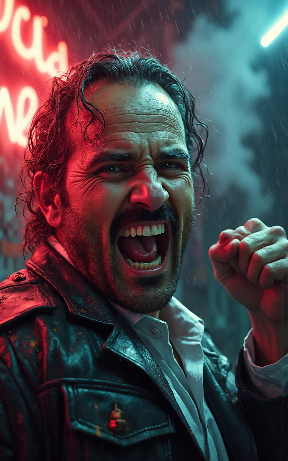 (Gonzo-style cinematic still, high-intensity, raw emotion, extreme close-up, high-contrast lighting, dynamic composition.)
A disheveled, wild-eyed YFG-Th3Dud3 mid-rage, his teeth bared in an uncontrollable snarl, veins bulging along his temple and neck. His face is drenched in sweat and blood, strands of unkempt hair clinging to his forehead. The neon-lit backdrop of a chaotic cyberpunk city flickers erratically, reflecting in his dilated pupils. His clenched fists tremble, knuckles bruised and raw from impact.
Graffiti-covered walls behind him scream with messages of rebellionâone of them scrawled in jagged, fluorescent letters reads "Lucid Gonzo", burning like a mantra of the mad. Smoke rises from a shattered neon sign, broken glass glinting on the wet pavement. The rain pours mercilessly, adding to the cinematic intensity, each droplet illuminated like fire under the pulsing lights.
His torn leather jacket barely hangs on, the fabric stretched and ripped, evidence of a struggle. His breath is visible in the cold, adrenaline-charged air. The entire scene pulses with raw, unfiltered energy, like a frame ripped straight from an underground neo-noir fever dream.
