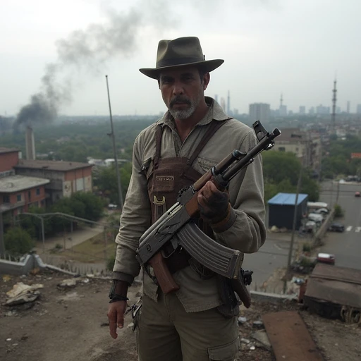 an image in the style of dark dystopian photorealism. A lone survivor in tattered scavenger gear grips a heavily modified AK-47, its metal parts rusted but still functional. He stands atop a ruined overpass, overlooking a crumbling cityscape overtaken by nature. Smoke rises in the distance, and wrecked vehicles litter the abandoned streets below. His piercing gaze scans the horizon for threats, knowing that in this lawless wasteland, the rifle in his hands is his only guarantee of survival.