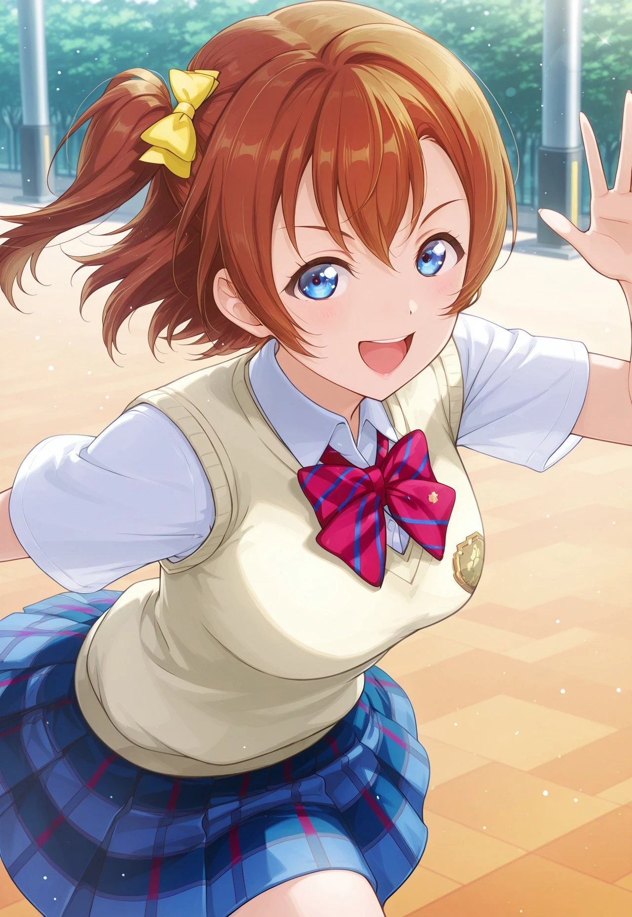 safe_pos, score_9, score_8_up, score_7_up, score_6_up, 8k, highest quality, high detail, masterpiece, best quality, source_anime, anime, detailed eyes, (1girl, lovelive_honoka, sweater vest, short sleeves, blue plaid skirt, red stripe bowtie, breasts, one side up, yellow hair bow, short hair, brown hair, blue eyes) happy, open mouth, :d, looking at viewer, depth of field, detailed background, dynamic pose, dynamic angles