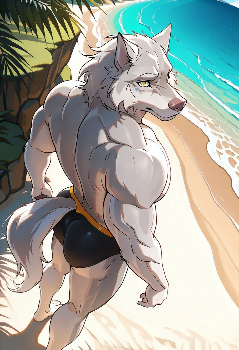 ((cel-shading, portrait, rear view, bright beach background, light color palette, global lighting)), 1boy, abs, bara, bare shoulders, suspended in midair, (black hair, body hair, copious luxuriant bushy far-reaching black chest hair, bushy black fur all over chest, hairier chest than possible), clothing cutout, cuffs, dark skinned male, thick facial hair, handcuffs, jewelry, large pectorals, (long bushy black sideburnale focus, mature male, medium hair, slim, muscular, muscular male, navel, pectorals, short hair, sideburns, solo, stomach, stubble, thick thighs, butt, (((naked, sliding on a banister, banister between his legs))), thighs, tight, watch, ((wolf, wolf tail, huge hairy groin, pubes, pubic hair, happy-trail, treasure-trail, copious luxuriant bushy far-reaching black nether-hair, very hairy snatch, landing strip covered in pubic-hair, pubic hairy perineum, bushy tush)), expression of ecstasy, passionate gaze, wincing with pleasure