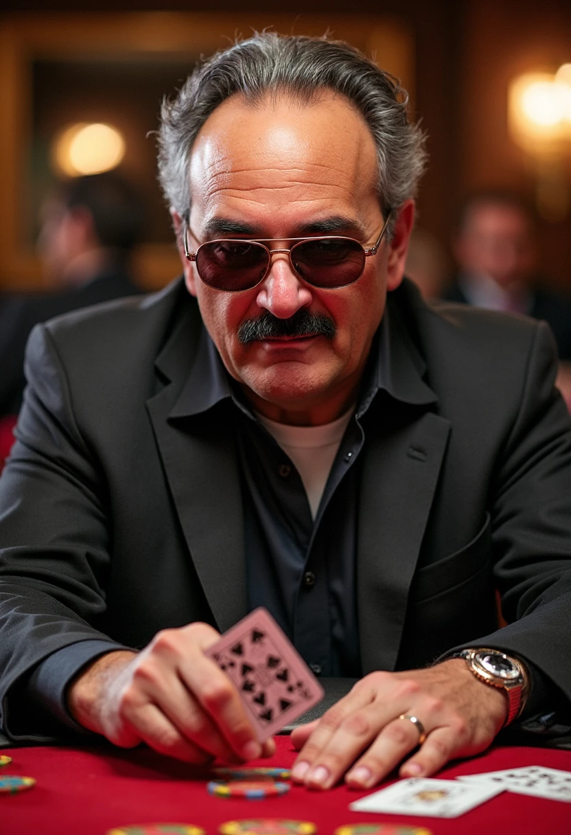 yfg-l3ms, YFG-Th3Dud3 a steely-eyed 57-year-old gambler, wearing a slick mustache and tinted shades, holding a winning hand at a poker table