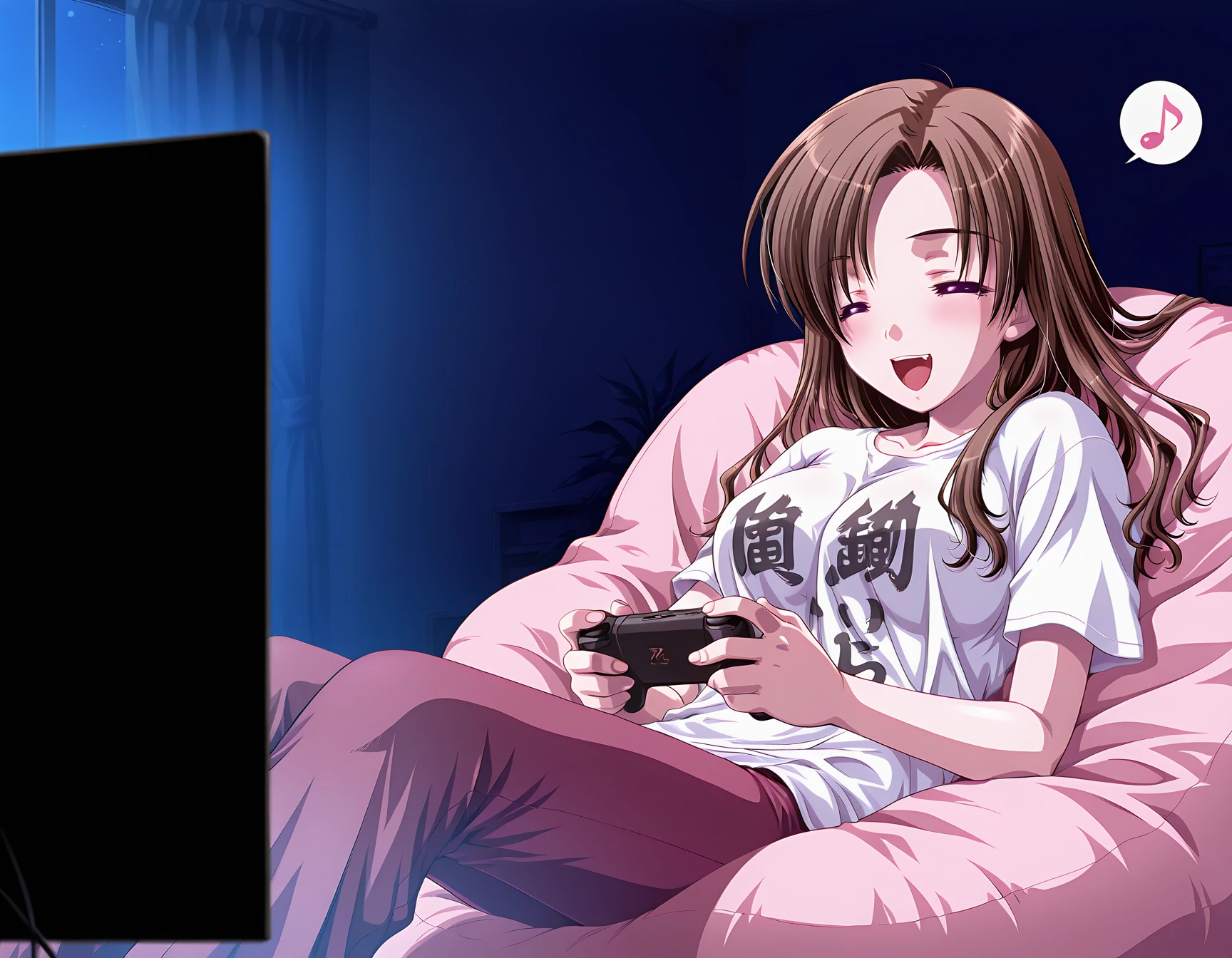 masterpiece, best quality, amazing quality, official art, ultra highres, very aesthetic,
1girl, solo, shizutani_shion, long hair, brown hair, 
You Work You Lose T-Shirt, pants BREAK  
laughing, spoken musical note
= =,  Bean_bag_chair, sitting, relaxing, reclining, playing games, in room, night, deep contrast of light and dark, sharp focus, depth of field, highly detailed
<lora:shizutani shion v1.0-000011:1> <lora:You Work You Lose Shirt - v11.TA_trained:0.8>