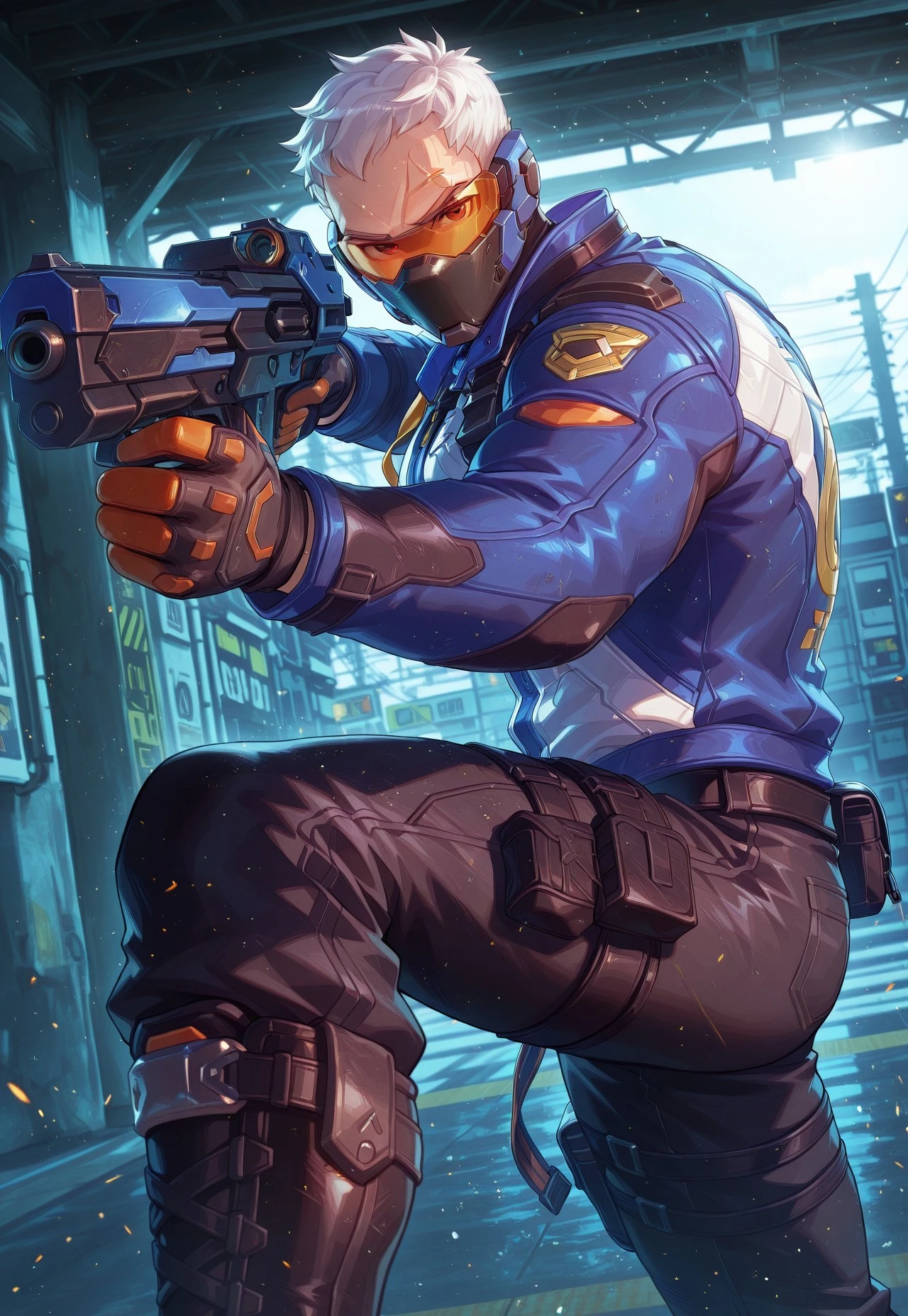 score_9, score_8_up, score_7_up, score_6_up, 8k, highest quality, high detail, masterpiece, best quality, source_anime, anime, detailed eyes, (1boy, muscular, bara, classic76, short hair, white hair, scar on face, jacket, black pant, gloves, boot, mouth mask, visor, mask), looking at viewer, depth of field, detailed background, dynamic pose, dynamic angles, aiming, holding an assault riffle