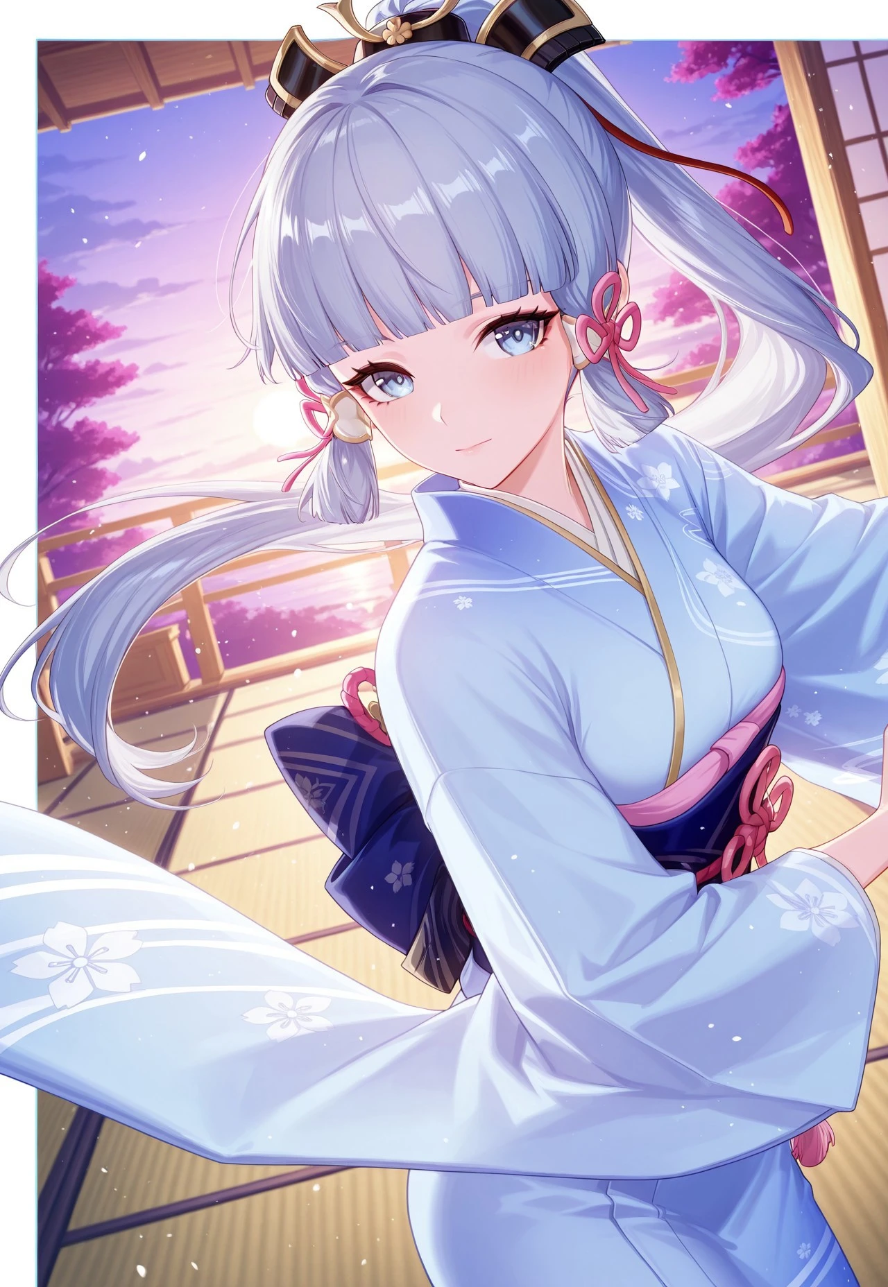 score_9, score_8_up, score_7_up, score_6_up, 8k, highest quality, high detail, masterpiece, best quality, source_anime, anime, detailed eyes, (1girl, kamisato ayaka \(genshin impact\), grey hair, long hair, blunt bangs, blue eyes, kimono, ponytail) looking at viewer, depth of field, detailed background, dynamic pose, dynamic angles