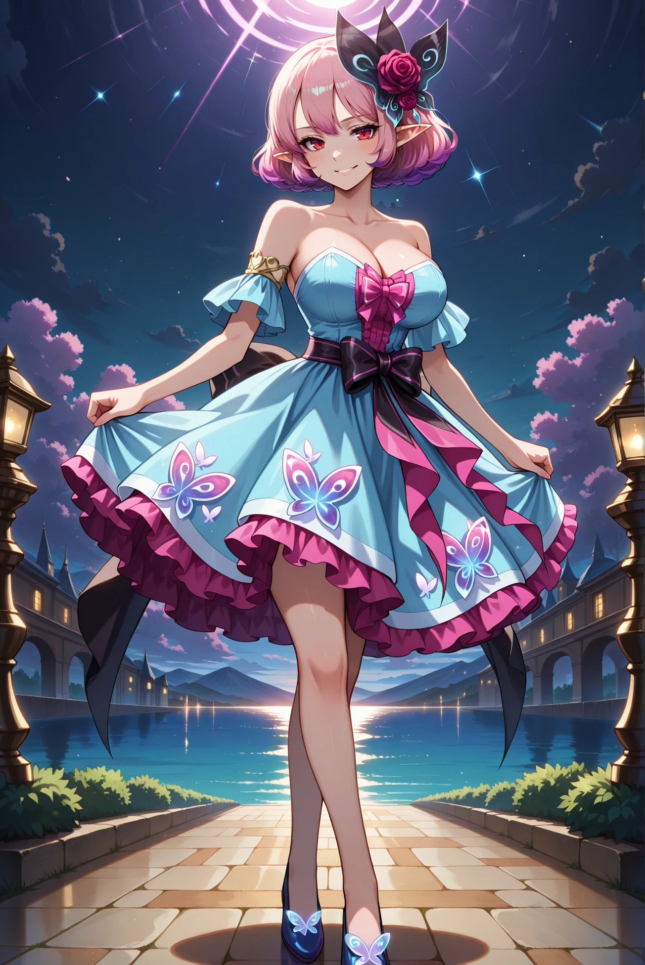 masterpiece, best quality, anime, 2d, 1girl, (anime screencap), (slender), (large breasts), solo, <lora:Lucid-Idol-CN-ILXL-V1:1> luc1didol
BREAK (gradient hair, pink hair, purple hair, pointy ears, short hair), outdoors
BREAK (blue dress, strapless dress, waist ribbon, black ribbon, pink ribbon, pink frills, frills, detached sleeves, bare shoulders, blue shoes, blue sleeves, short sleeves, collarbone, armlet, hair ornament, butterfly hair ornament, hair flower, rose,),
BREAK (looking at viewer, full body, dynamic pose:1.2), (red eyes, smirk)
BREAK <lora:RealisticAnimeIXL:0.5> , bokeh, luminescent background,