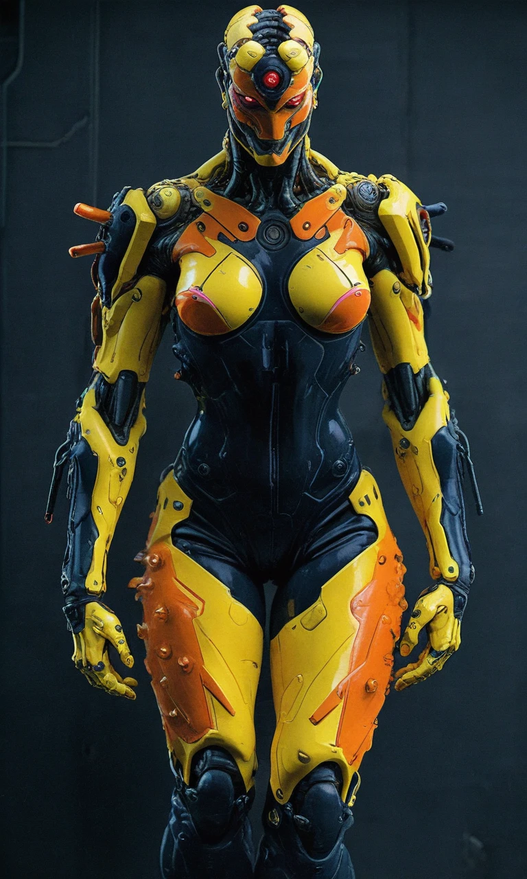 cyborg with yellow and orange color schemes and multiple appendages resembling what could possibly be some sort of viper design<lora:- iLL - the_edgy_mech_V2.0-step000013500:.8>