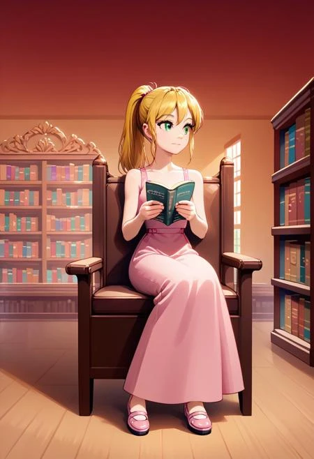 score_9,score_8_up,score_7_up, close-up, best quality, masterpiece, ultra detailed, 1girl, solo, (((looking away))), cowboy shot, zoom out, far shot, ((full body, full shot)), ((library background)), ((reading pose)), sitting in chair, ponytail, happy, closed mouth, large breasts, slim, petite, kylie, pink shirt, short sleeves, pink long dress, pink sneakers, blonde hair, green eyes, bare shoulders, bow, ((((bare arms)))), masterpiece, scenery, indoors, bookshelves, books, window