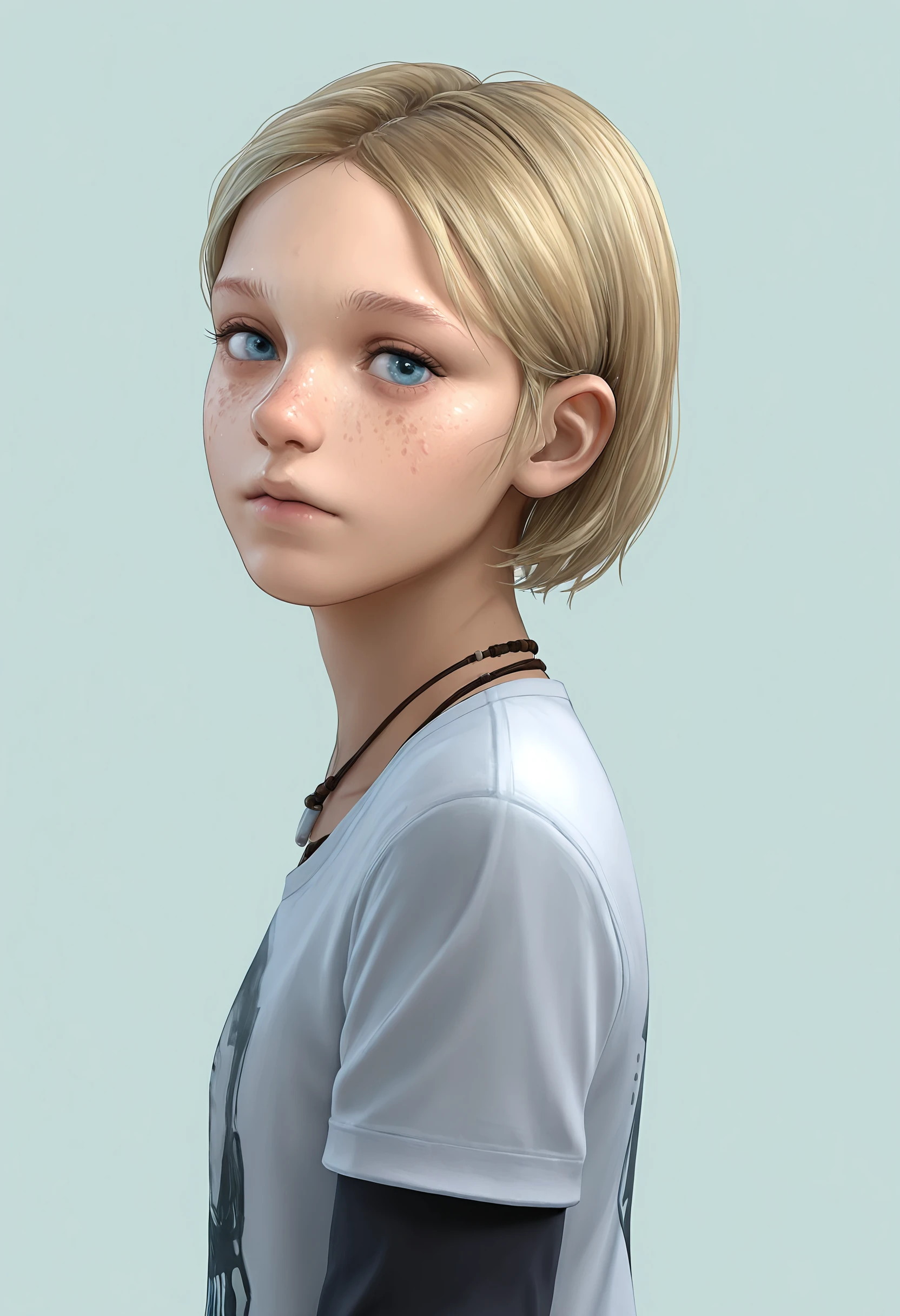 masterpiece, best quality, amazing quality, very aesthetic, absurdres, newest, <lora:SarahMillerOGILf:0.85> ogsaraf, 1girl, short hair, blonde hair, blue eyes, shirt, layered sleeves, necklace, standing, upper body, portrait, solo, looking at viewer, from side, freckles, 
simple background, light blue background,