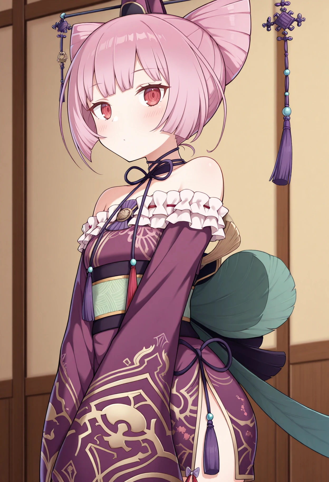 highres, best quality, masterpiece, indoors,
1girl, solo, ascrnria, pink hair, cone hair bun, red eyes,
crnrdef, hat, purple kimono, tassel, purple stripes, brooch, neck ribbon, bare shoulders, strapless, frills, green sash, obi, sleeves past wrists,
looking at viewer, blush, expressionless, dot mouth,
v arms, from side,
<lora:_corneria_atelier-elesico-il10-000014:1>