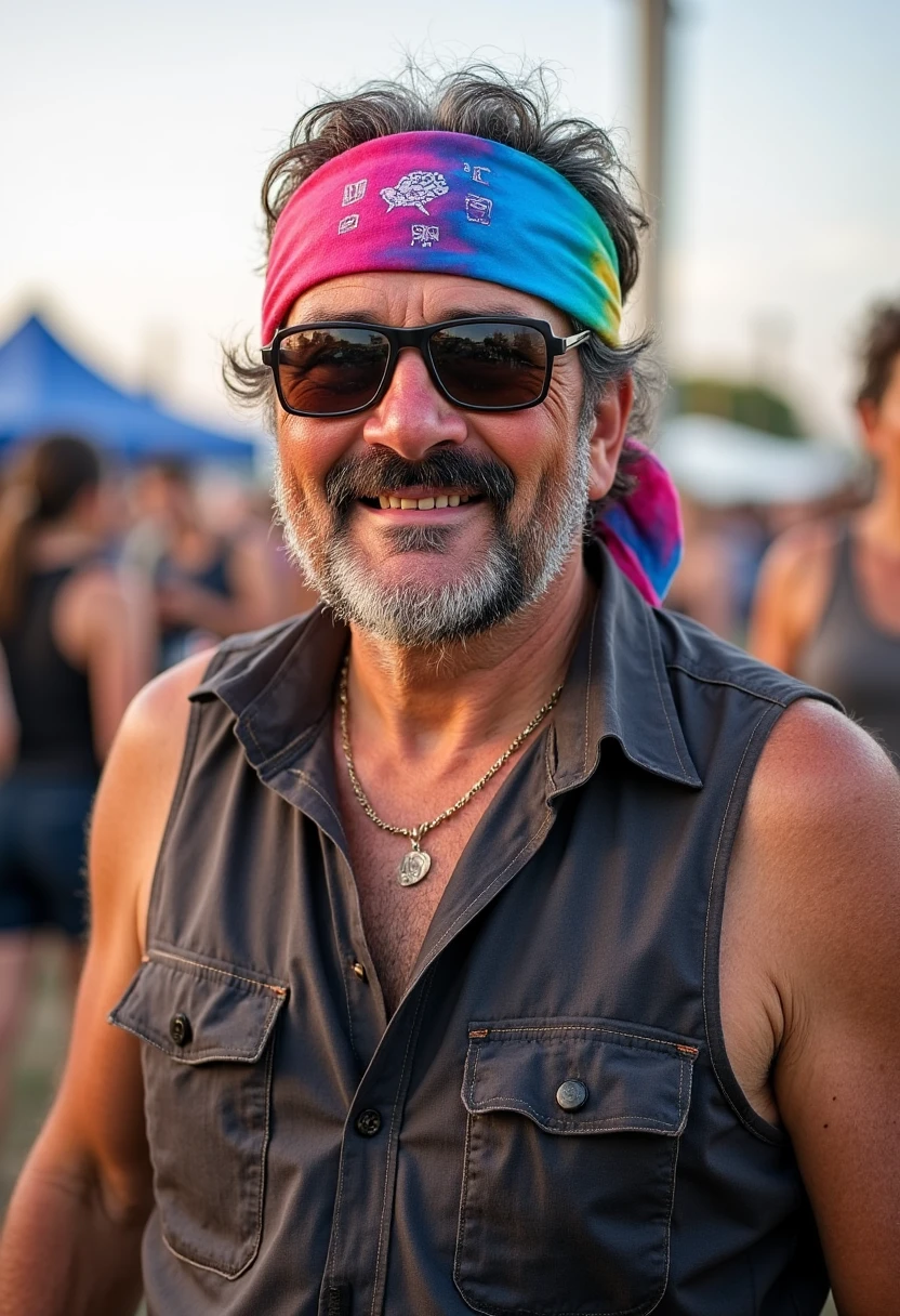 yfg-l3ms, YFG-Th3Dud3 a rugged 57-year-old festival goer with a tie-dye bandana, streaks of gray in his stubble, enjoying open-air music