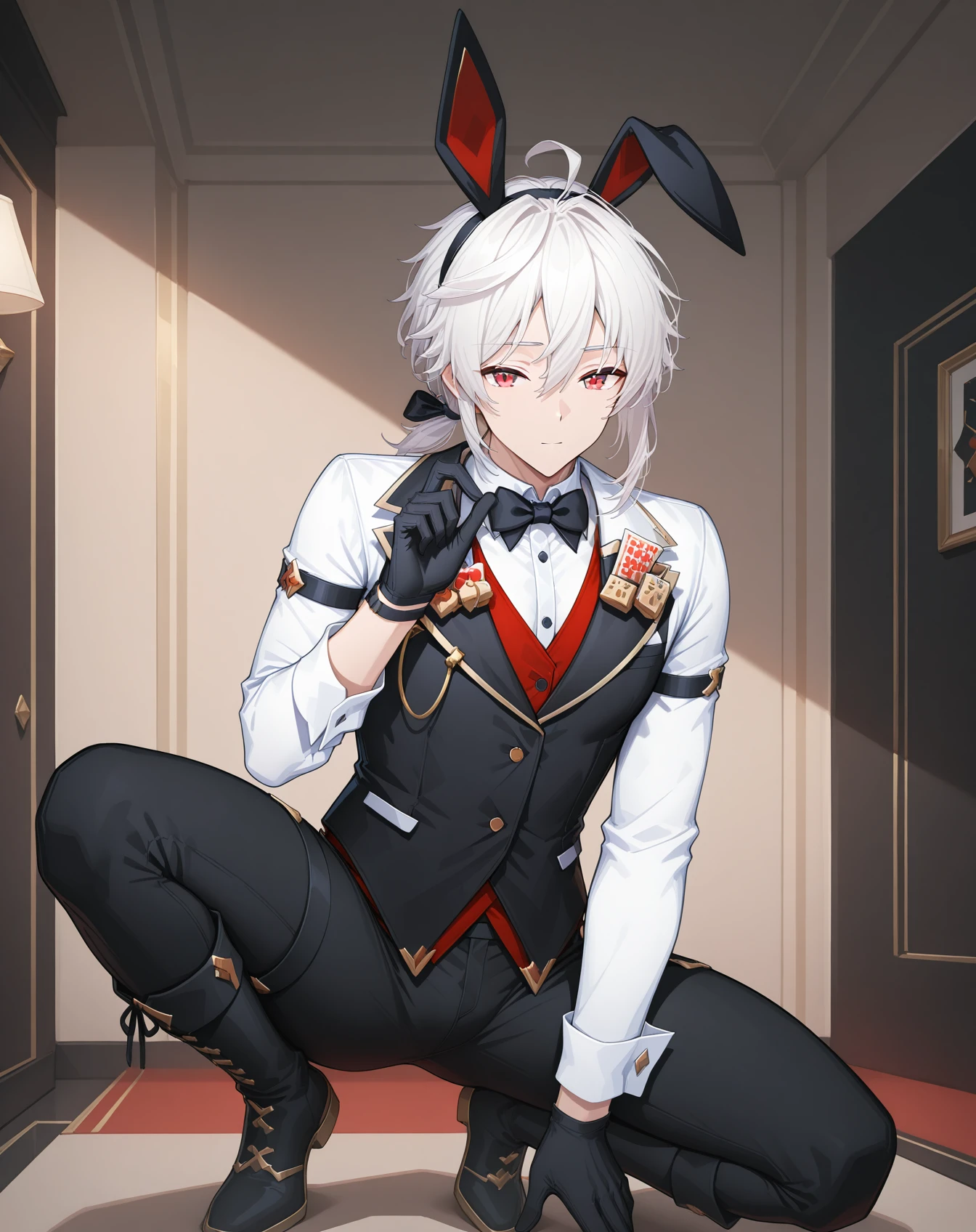 (solo:2), (boldline:-1.7), (metal tray on his hand:1.3), (glass on tray:1.5), (black bow tie:1.5), (sexy pose:1.5), (arched back:1.2), (spread legs:1.2), (((fang))), (((best finger))), BREAK (best quality:1.5), (absolutely resolution:1.5), (ultra detailed:1.5), (masterpiece:1.5), (perfect face), (detailed face), (detailed eyes), (best eyes), (cute face), (shota:2), BREAK (bunny costume:1.5), BREAK (white loincloth:1.5), (rabbit ears:1.5), (bunny tail on his hip:1.5), (bulge:1.6), (skinny:1.3),  BREAK (light blue hair:1.5), (spiked hands), (wine red eyes:1.4), (eyes with highlight:1.6), ((mole under eye)), (sweaty skin), (grin:1.3), ((earrings)), (shiny skin:1.3), BREAK (casino:1.5), (money:1.5), (((spot light))), ((wind blowing)), ((nipple)), (abs), (groin), from below,