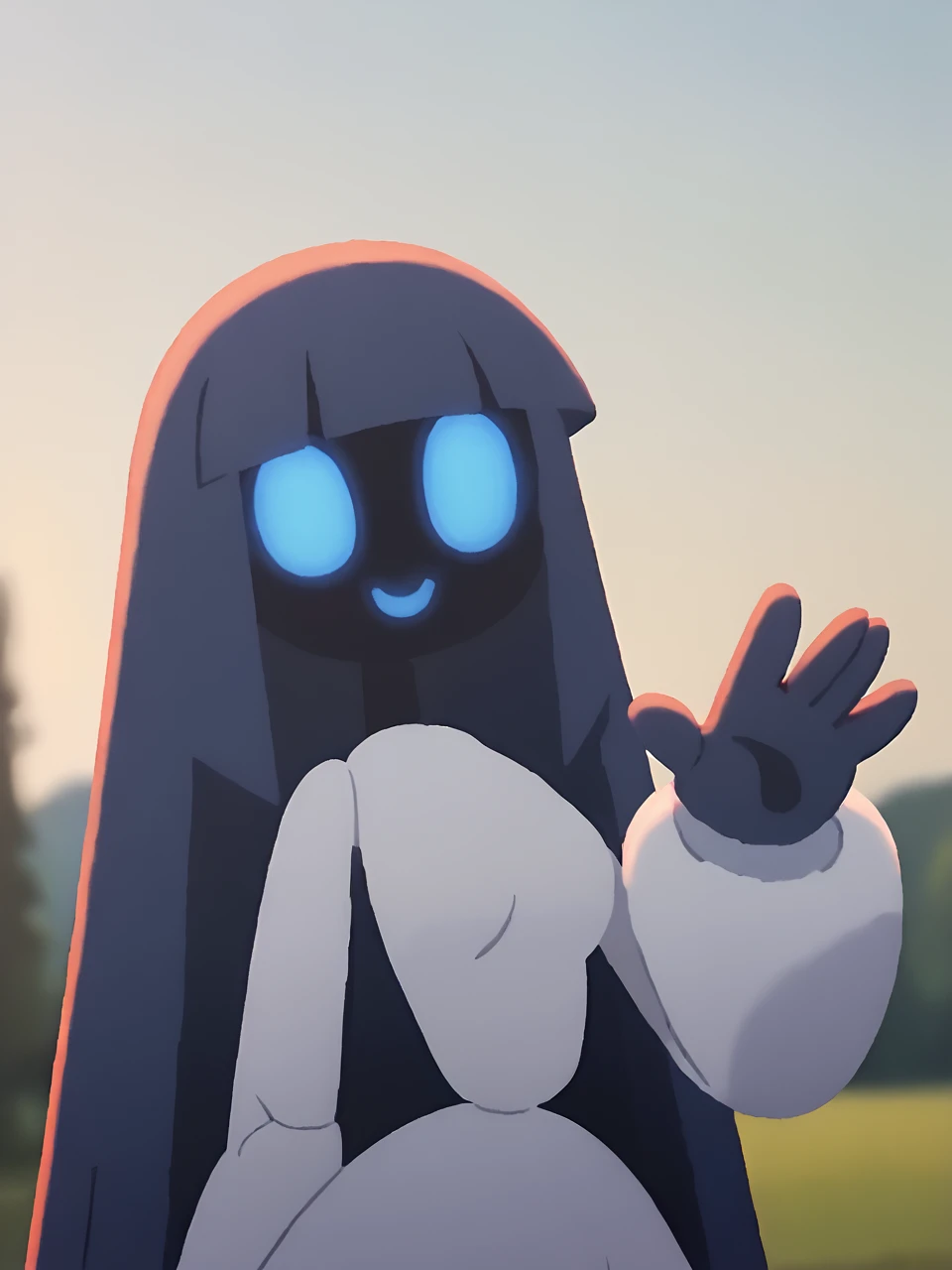score_9, score_8_up, score_7_up, BREAK, P0ch1R0b0t, 1girl, solo, blue eyes, long hair, blue hair, smile, upper body, raise left arm, day, outdoor, waving, looking at viewer, Volumetric Lighting <lora:Pochi_Science_Robot2:0.8>