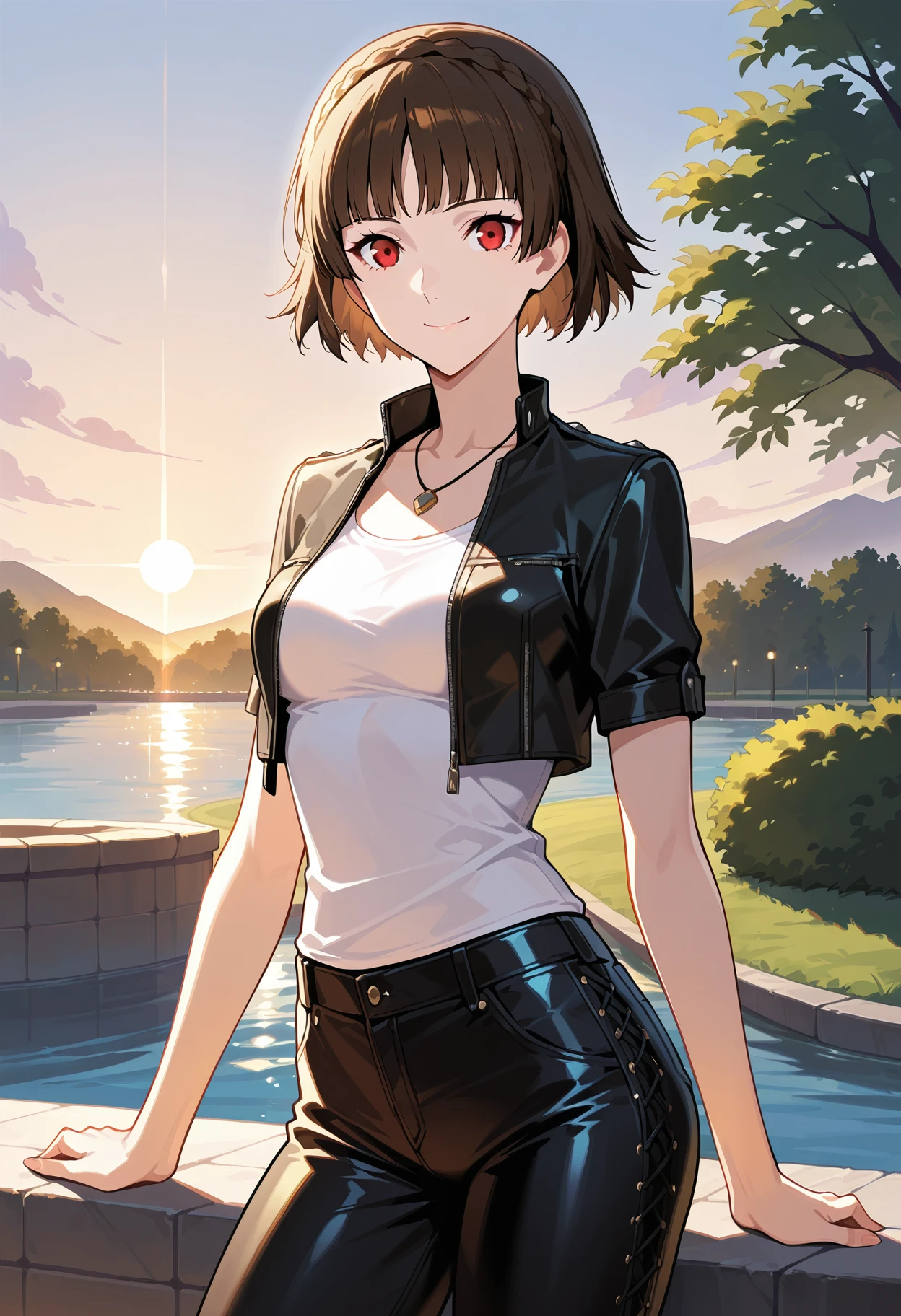 (masterwork, masterpiece, best quality, hyper-detailed :1.2)
1 girl, solo
p5makoto, niijima makoto, brown hair, blunt bangs, crown braid, red eyes,
p5makoto-strikers, necklace, short sleeves, cropped jacket, black leather jacket, , collarbone, white shirt, tank top, pendant, leather pants
outside, summer, park, sun, hot, treens, greenery, happy, smile, looking at viewer, cowboy shot,