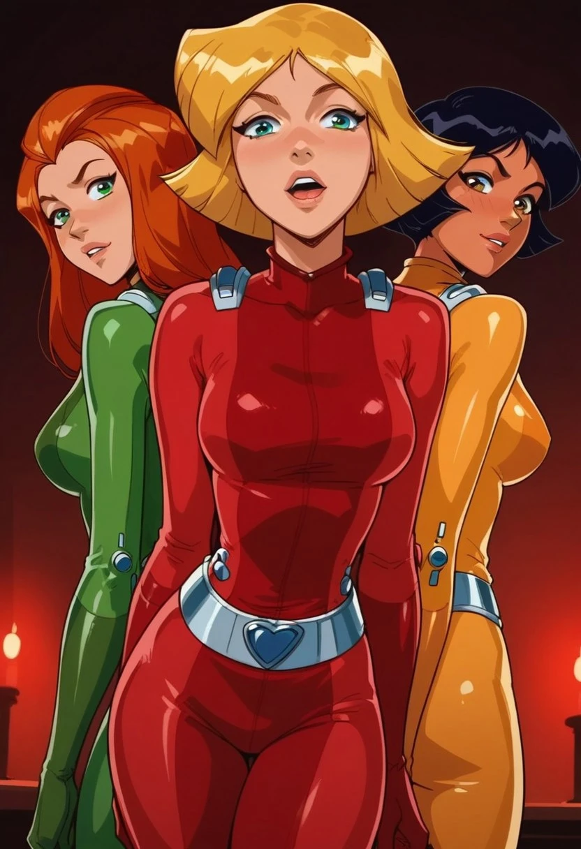 masterpiece,best quality, highly detailed, score_9, score_8_up, score_7_up, score_6_up, source_cartoon, BREAK, 1girls, 3girls, multiple girls, \(totally spies\), samts, alexts, cloverts, orange hair, green eyes, blonde hair, blue eyes, brown hair, brown eyes, red bodysuit, green bodysuit, yellow bodysuit, large breasts, wide hips,
