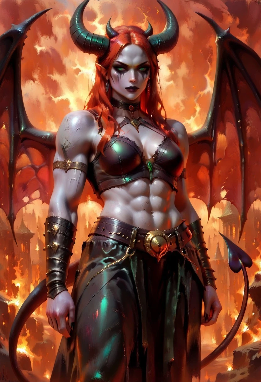 masterpiece, best quality, newest, absurdres, highres, oil painting, DFOP-V1.0, semi-realistic, 1girl, goth, goth girl, gothic, demon girl, succubus, horns, muscular, muscular female, toned, runny makeup, goth makeup, abs, midriff, wings, bat wings, demon wings, tail, demon tail, grey skin, grey colored skin, green eyes, choker,