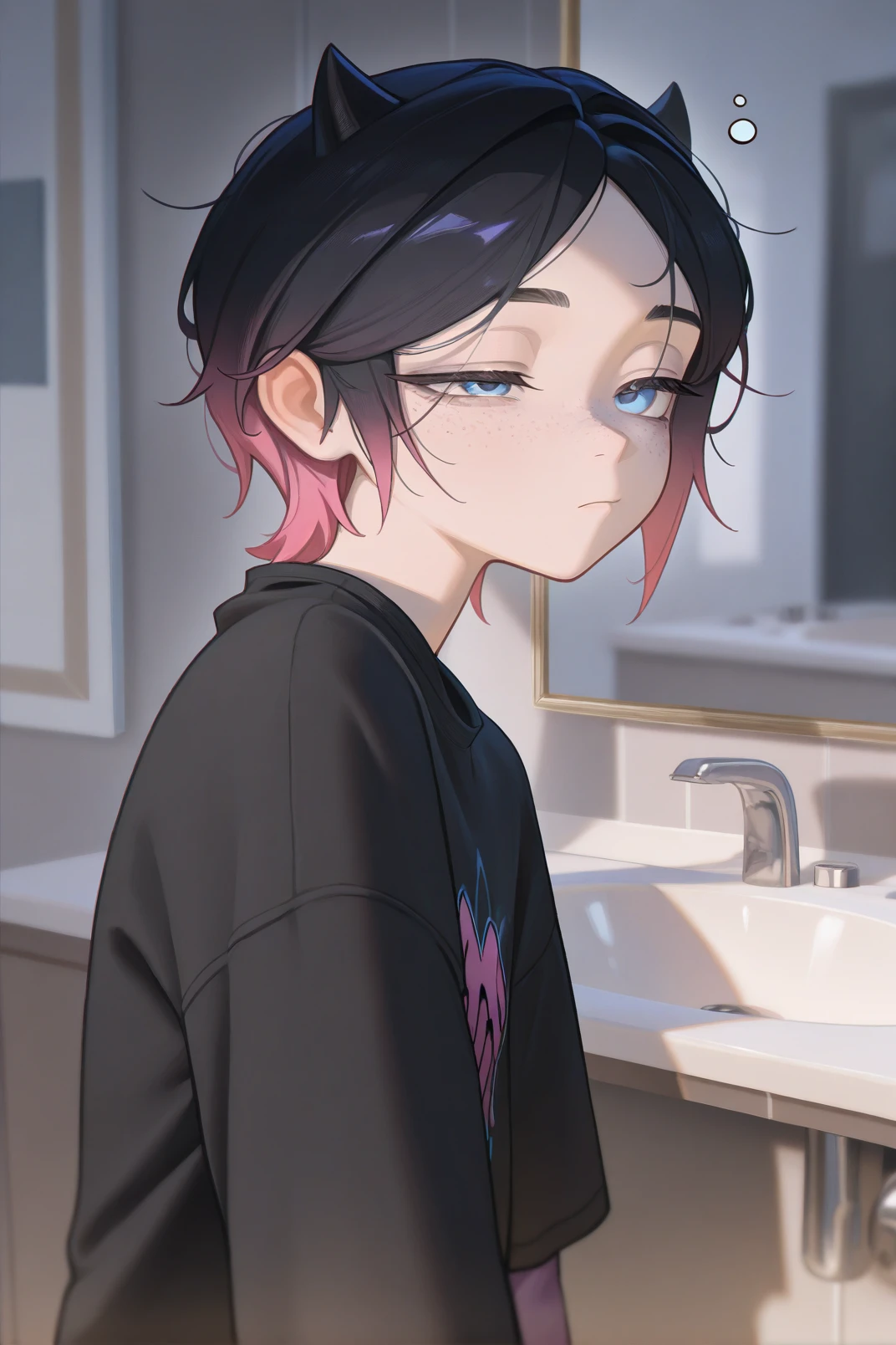 masterpiece, best quality, amazing quality, very aesthetic, absurdres, newest, , 1girl, <lora:clove_valorant_IL_v4:0.65> clove \(valorant\), short hair, small horns, black hair, pink hair, gradient hair, black shirt, blue eyes, freckles,
shirt, long shirt, sleepy, sink, mirror
indoors, upper body,